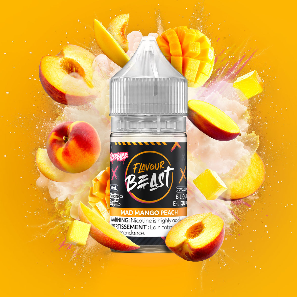 Flavour Beast Freebase Mad Mango Peach 3mg 30mL displayed against a vibrant fruit-themed background, emphasizing its juicy and exotic profile.