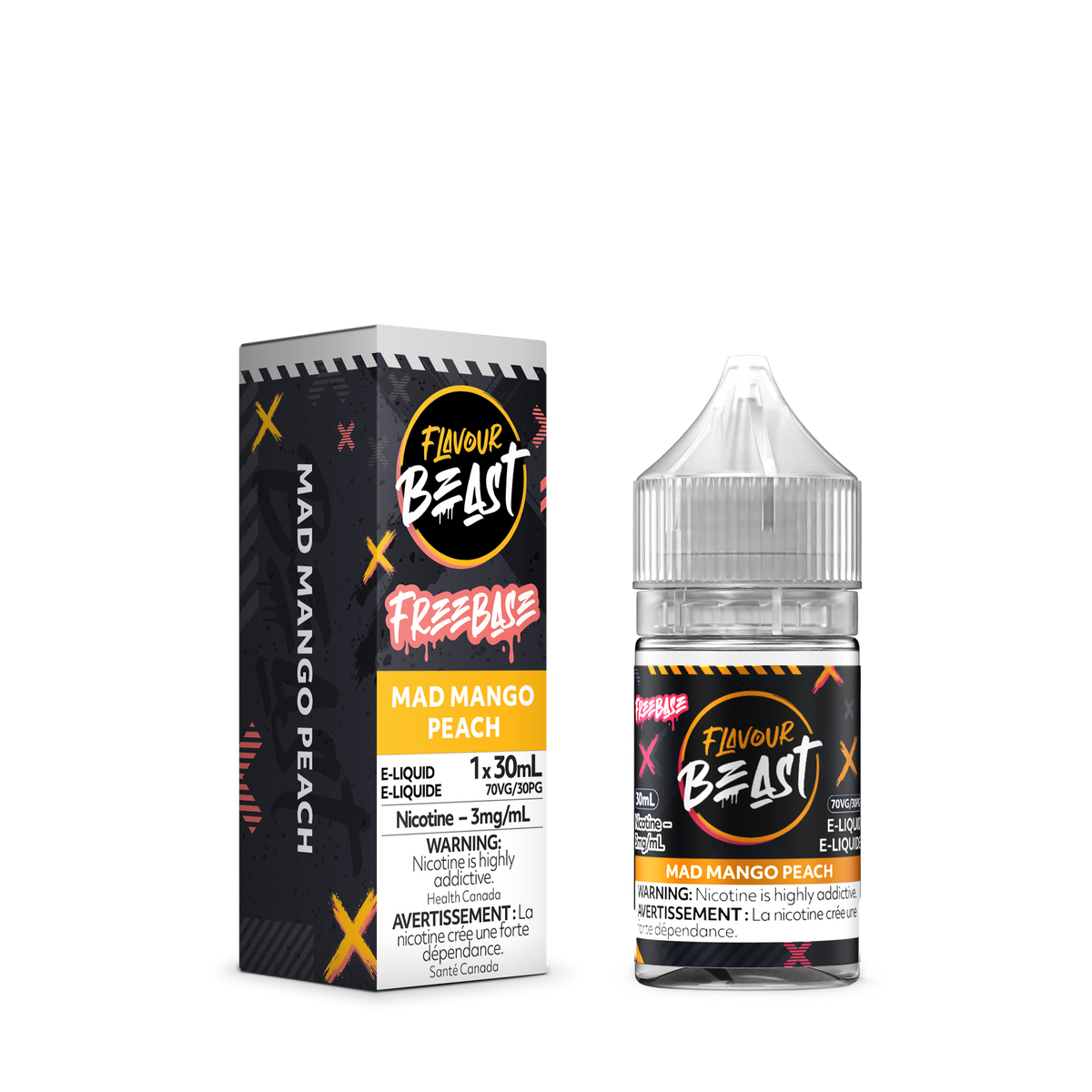 Flavour Beast Freebase - Mad Mango Peach 3mg 30mL bottle, showcasing its bold mango and peach flavor.