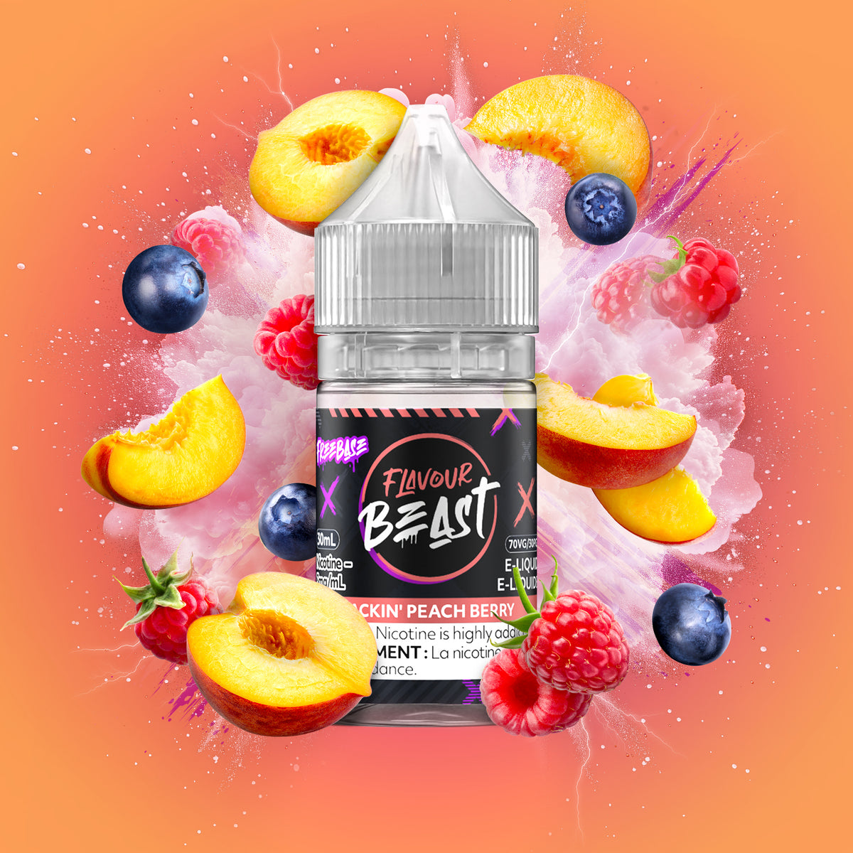 Flavour Beast Freebase Packin' Peach Berry 3mg 30mL displayed against a vibrant fruit-themed background, emphasizing its rich and tangy profile.
