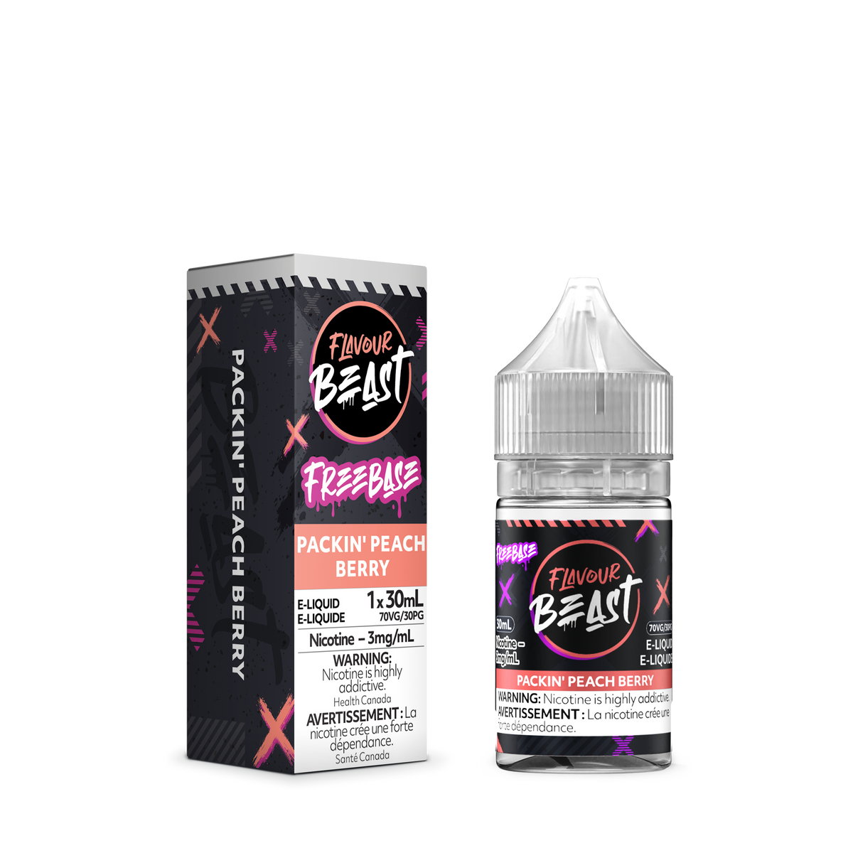 Flavour Beast Freebase - Packin' Peach Berry 3mg 30mL bottle, showcasing its bold mango and raspberry flavor.