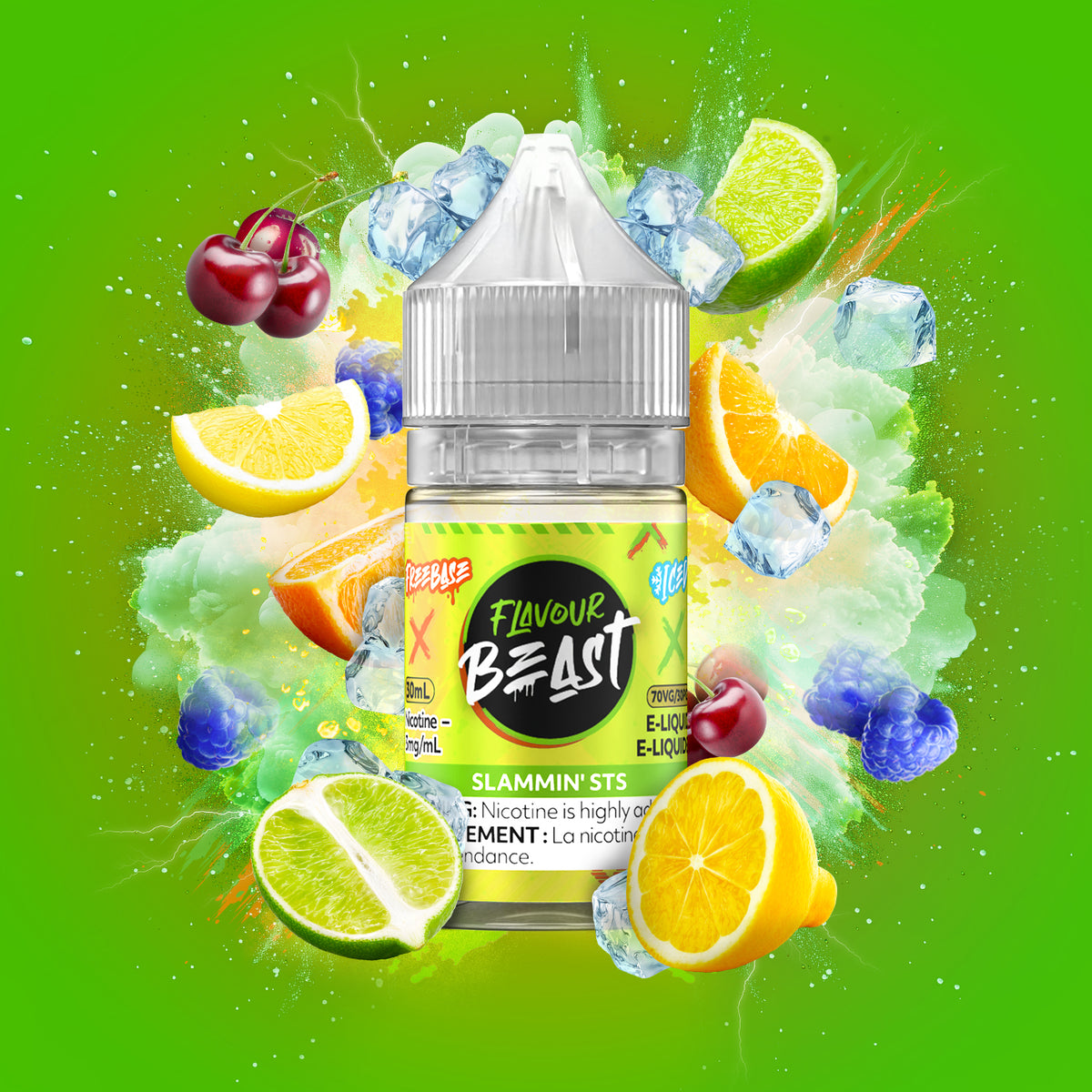 Flavour Beast Freebase Slammin' STS Iced 3mg 30mL displayed against a dynamic, cool-themed background, emphasizing its refreshing and fruity profile.