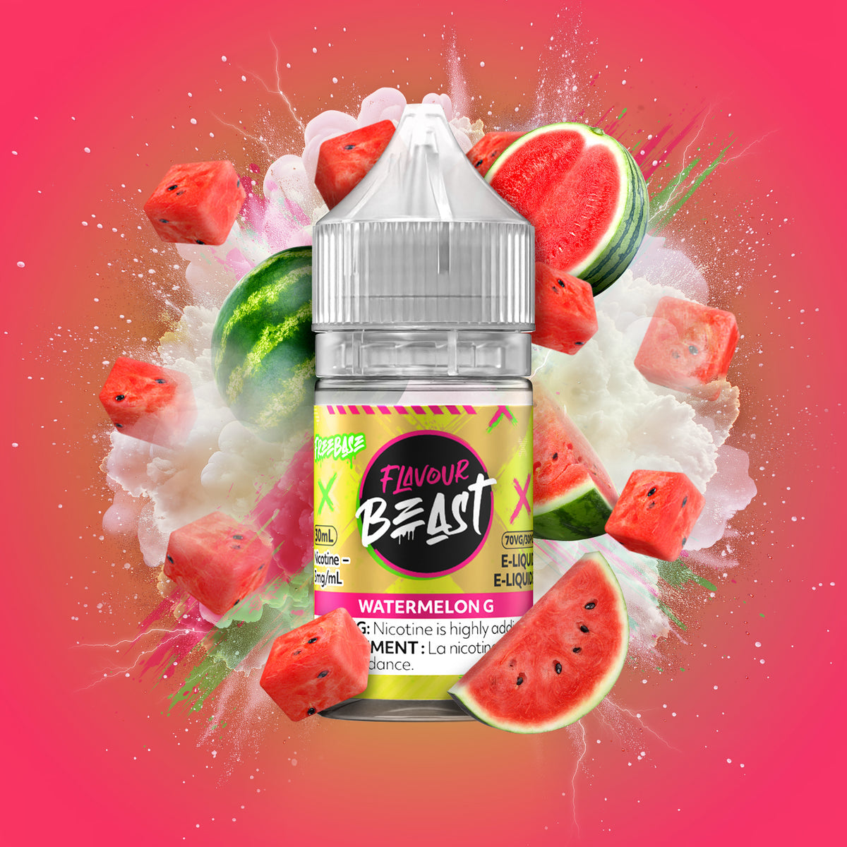 Flavour Beast Freebase Watermelon G 3mg 30mL displayed against a vibrant watermelon-themed background, emphasizing its juicy and smooth profile.