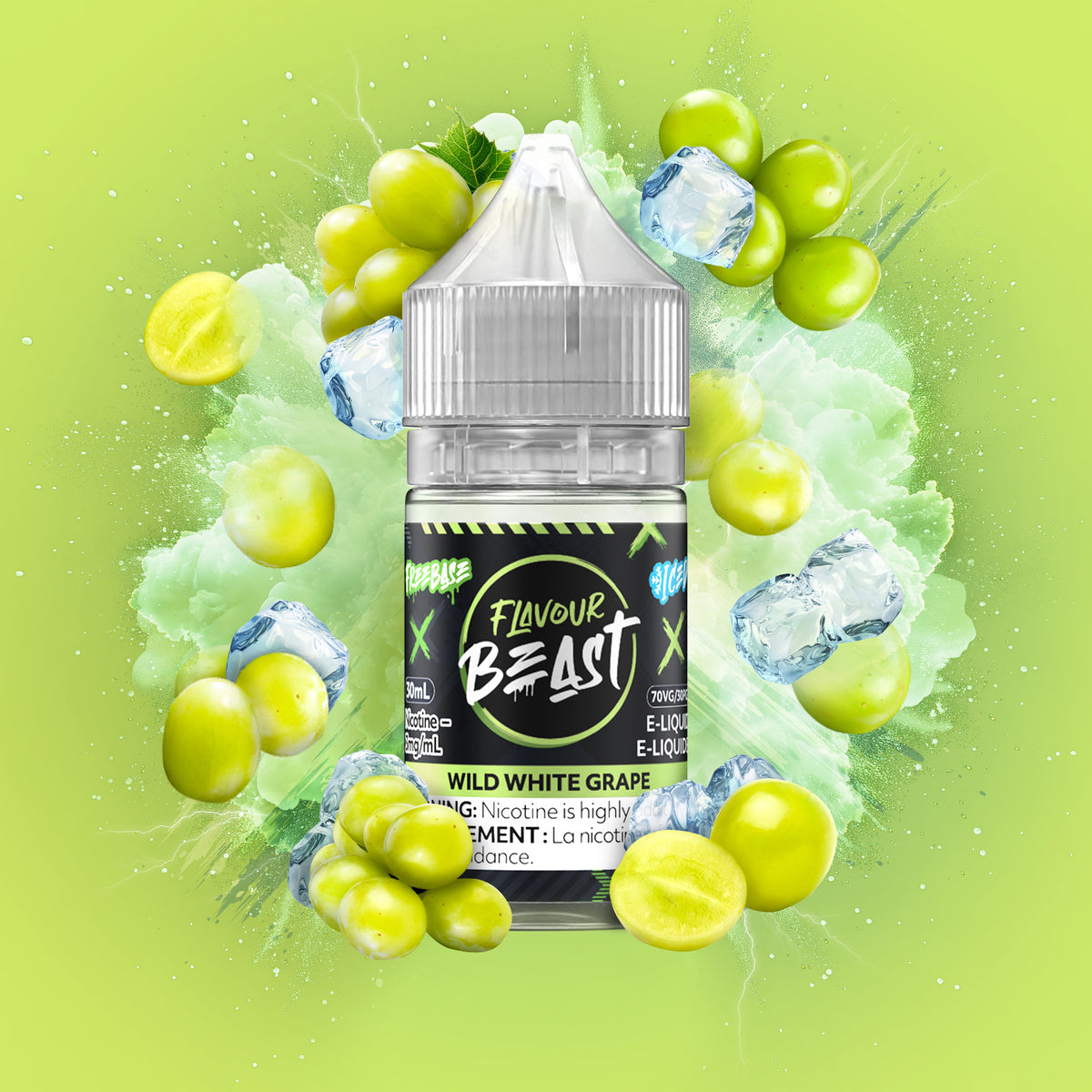 Flavour Beast Freebase Wild White Grape Iced 3mg 30mL displayed against a grape-themed background, emphasizing its bold and refreshing profile.