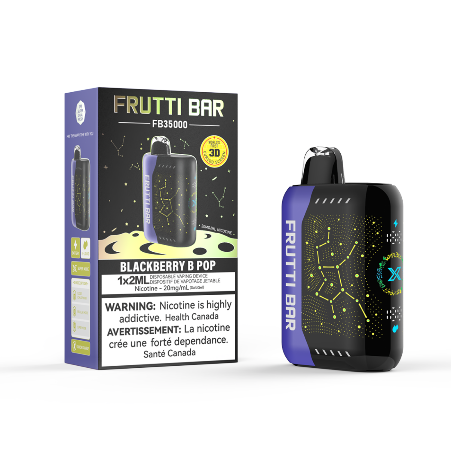 Frutti Bar Blackberry B Pop Disposable vape device and packaging on a white background