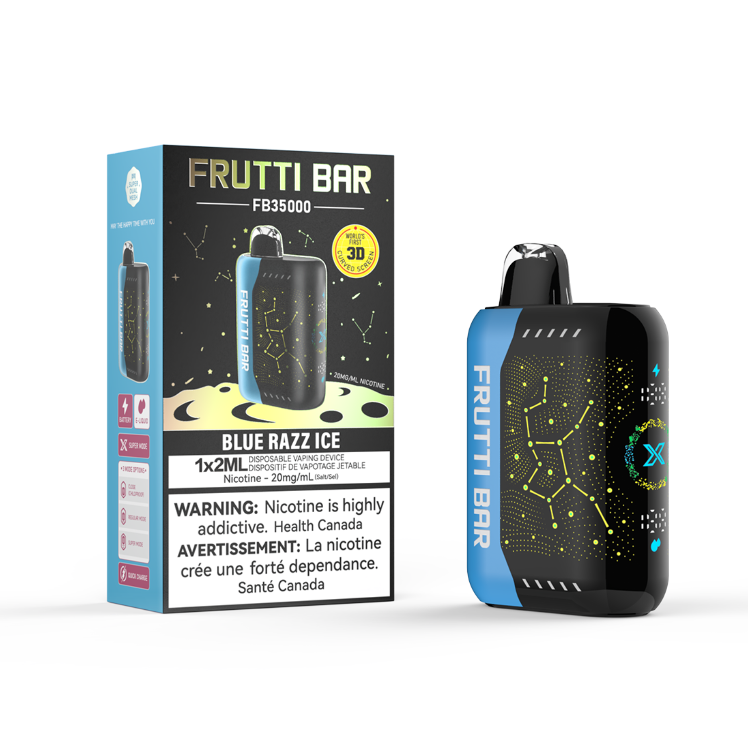 Frutti Bar Blue Razz Ice Disposable Vape device and packaging on a white background