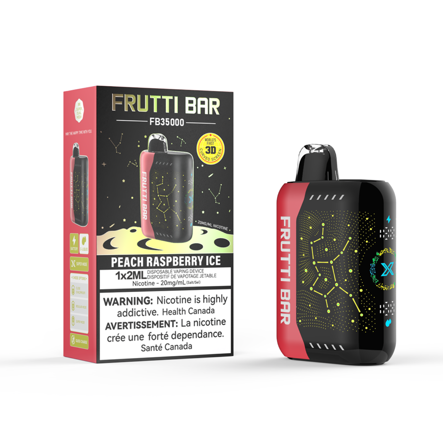 Frutti Bar Peach Raspberry Ice Disposable vape device and packaging on a white background