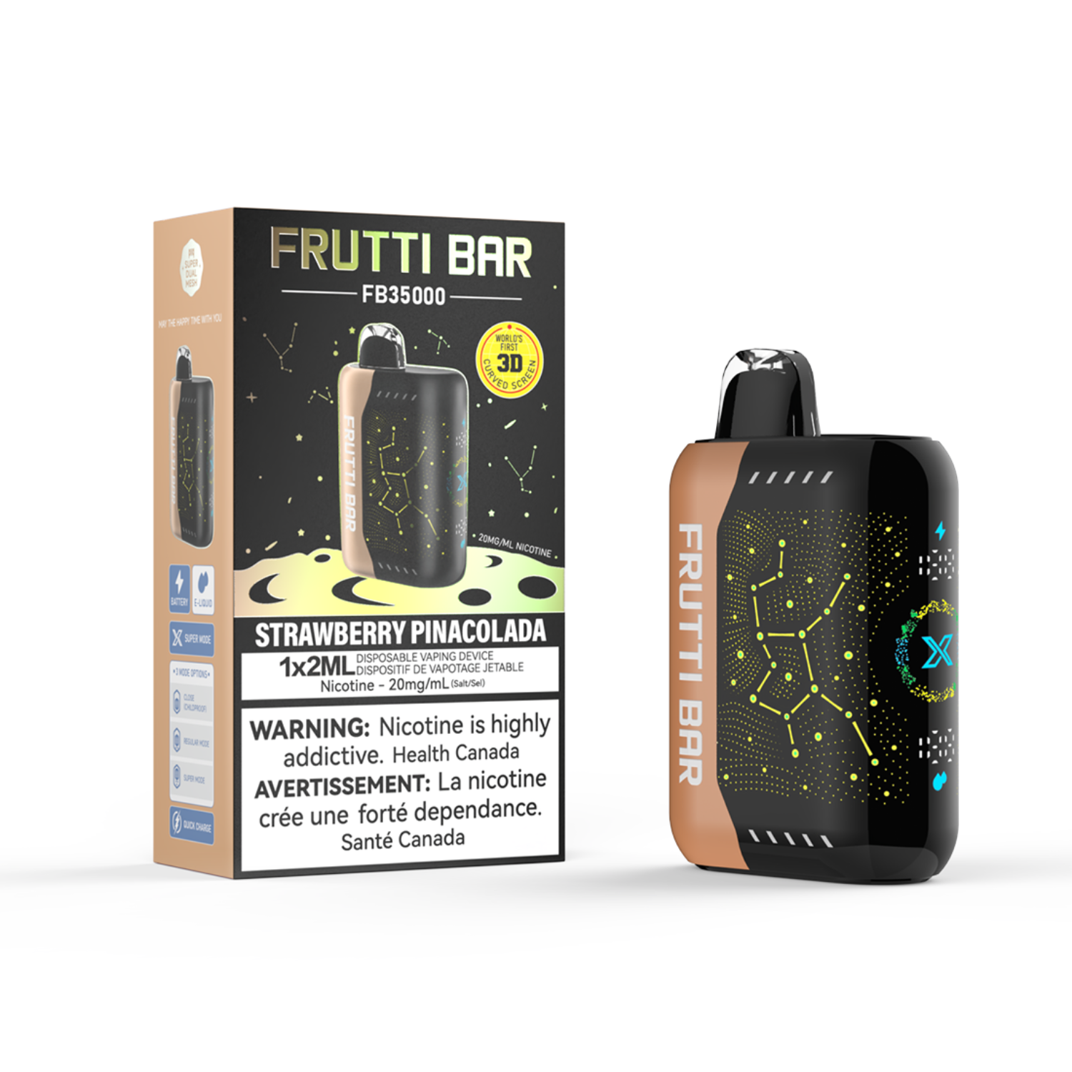 Frutti Bar Strawberry Pinacolada Disposable vape device and packaging on a white background