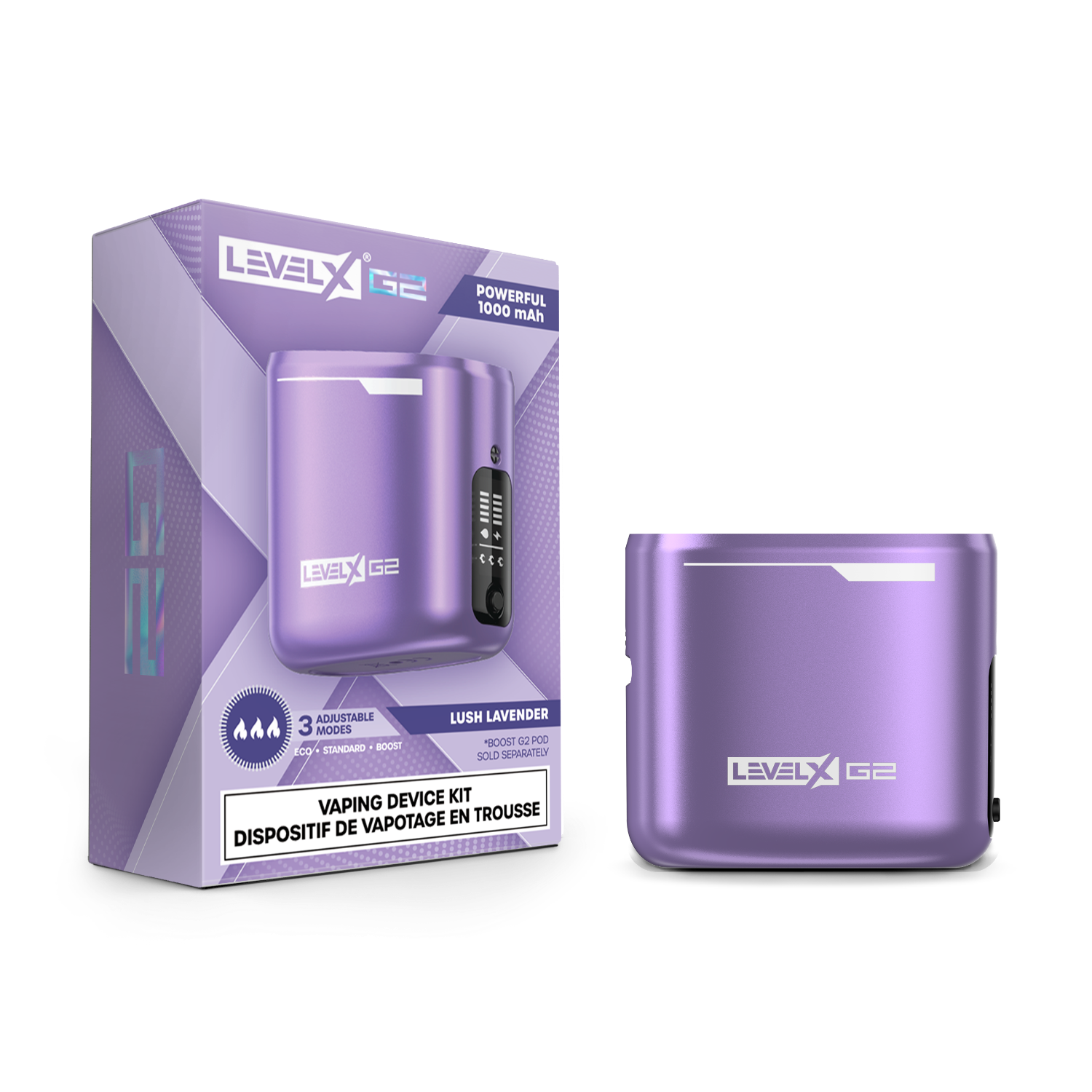 Lush Lavender Level X G2 vaping device with packaging on a white background