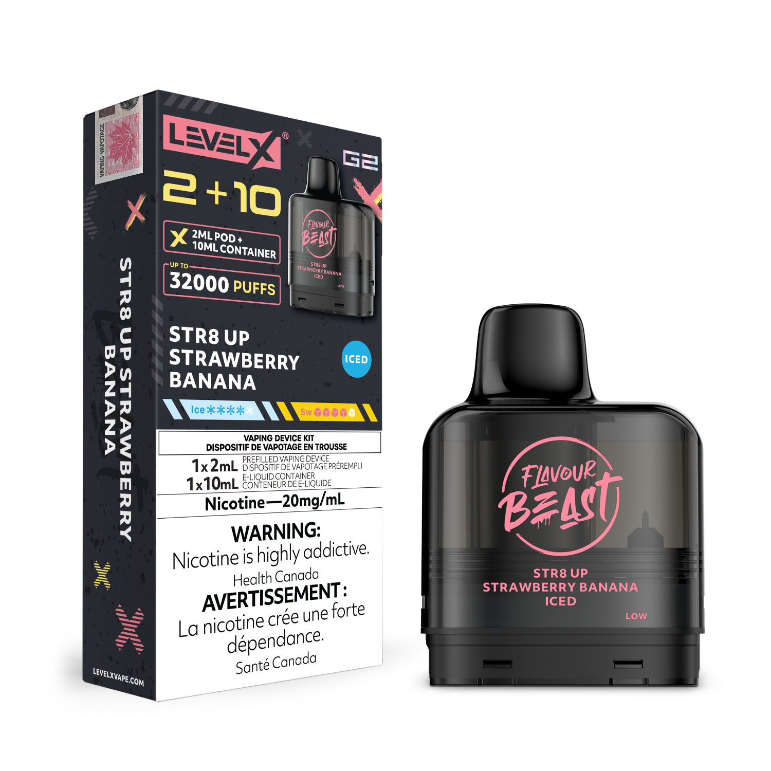 Level X G2 Str8 Up Strawberry Banana Vape Pod and packaging with 'Flavour Beast' branding on a white background