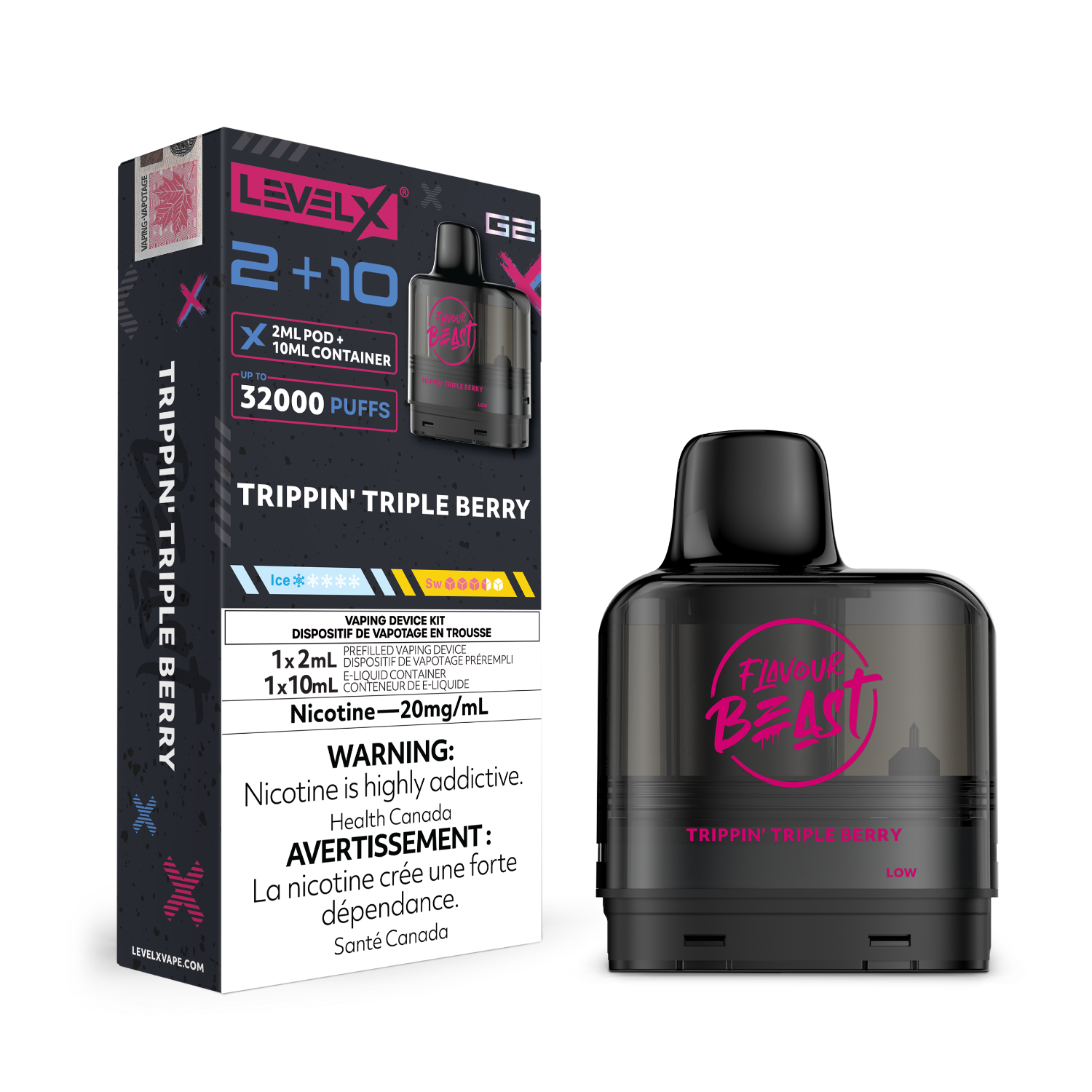 Level X G2 Vape Pod Trippin' Triple Berry and packaging with 'Flavour Beast' branding on a white background