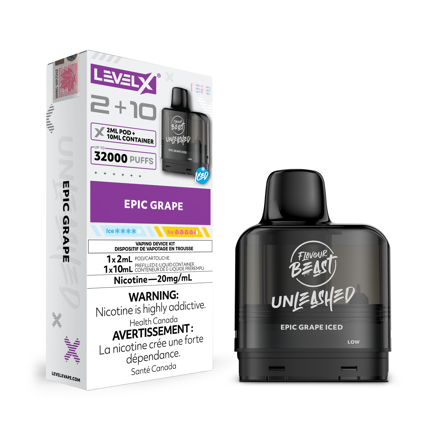 Level X G2 Epic Grape Disposable vape Pod and packaging with Flavour Beast branding on a white background
