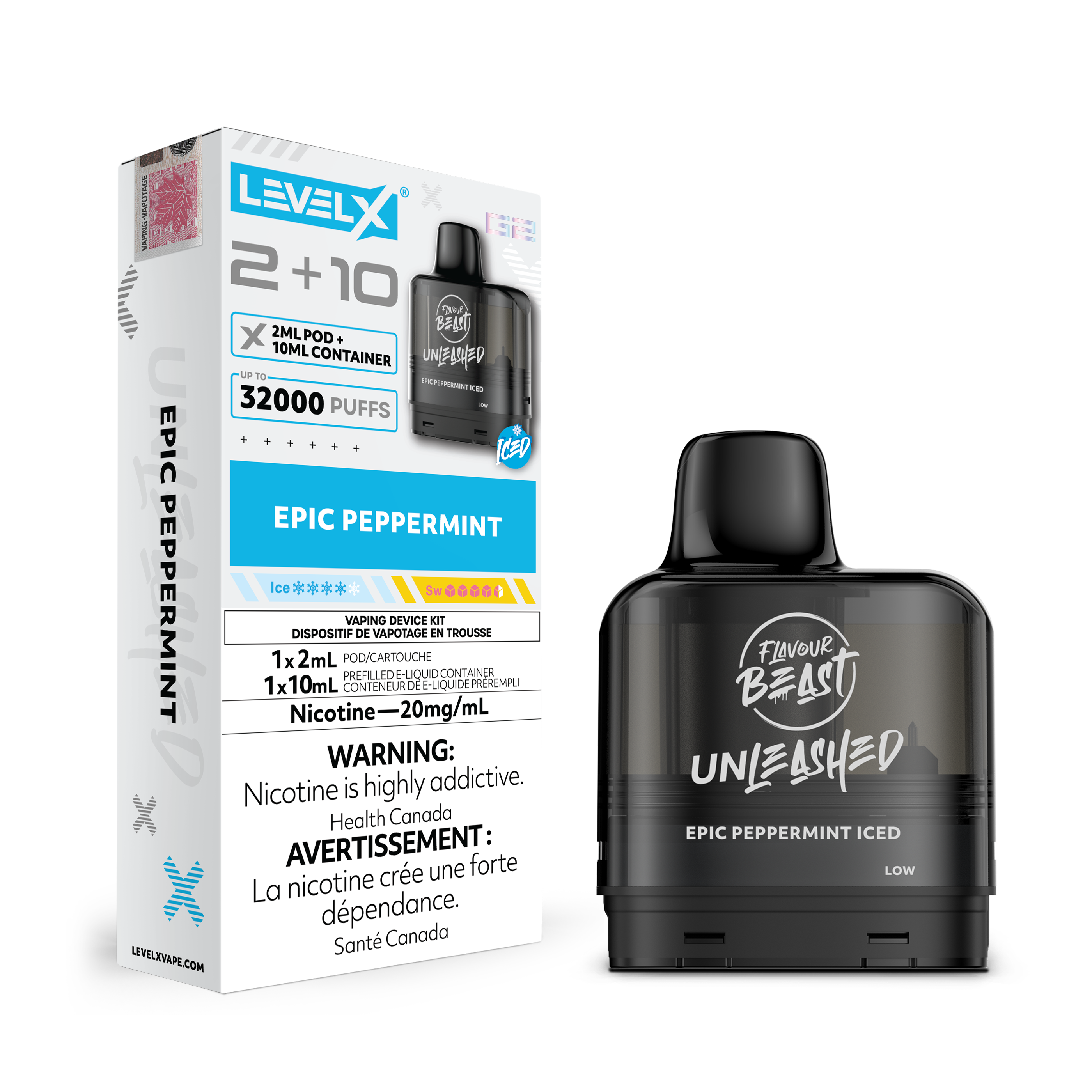Level X G2 Epic Perrpermint Iced Vape Pod and packaging with 'Flavour Beast' branding on a white background