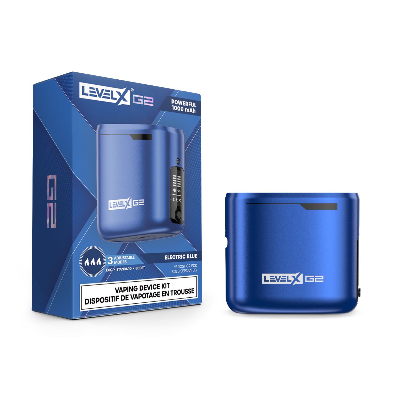 Electric Blue device with Level X G2 packaging on a white background
