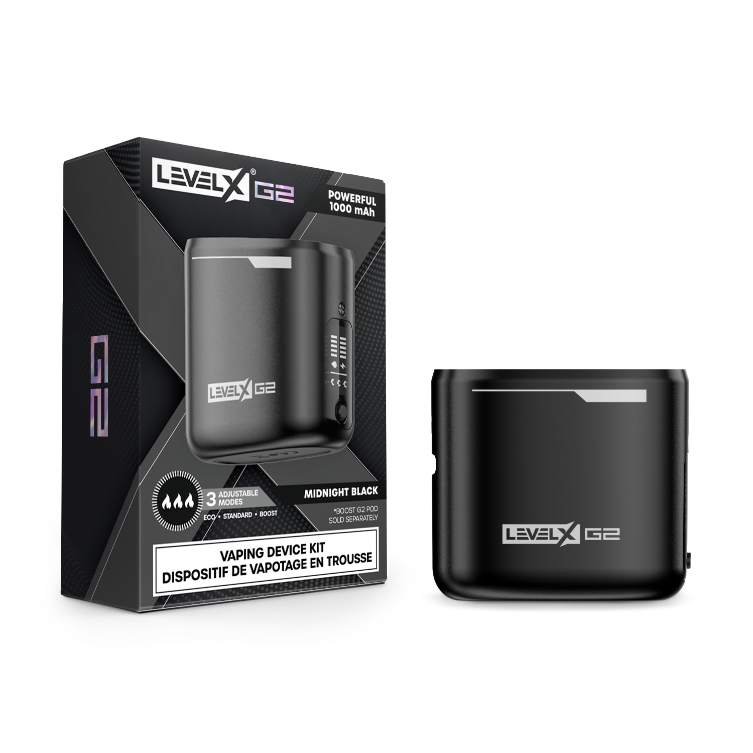 Level X G2 vaping device kit with packaging on a white background