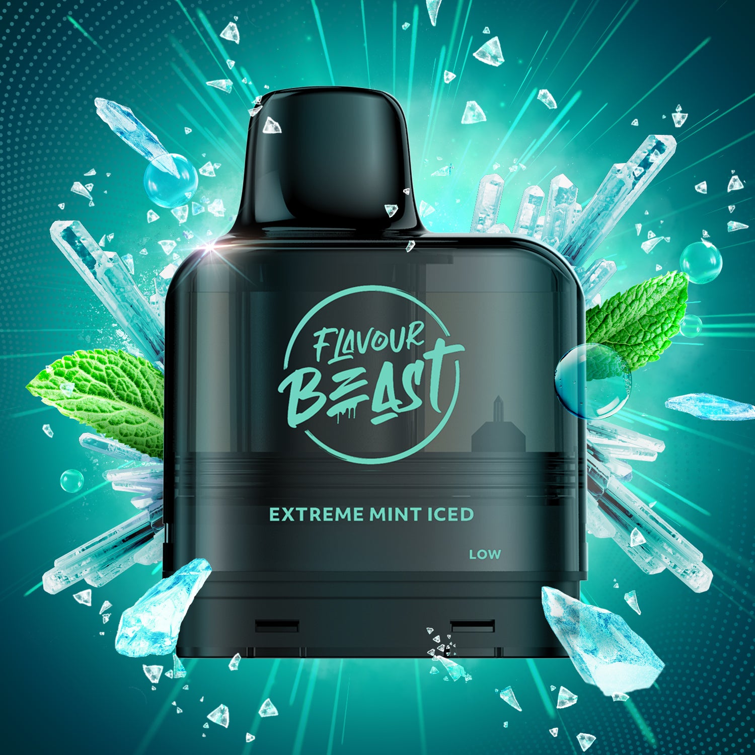 Flavour Beast Level X G2 Extreme Mint vape Pod with mint leaves and ice crystals on a teal background