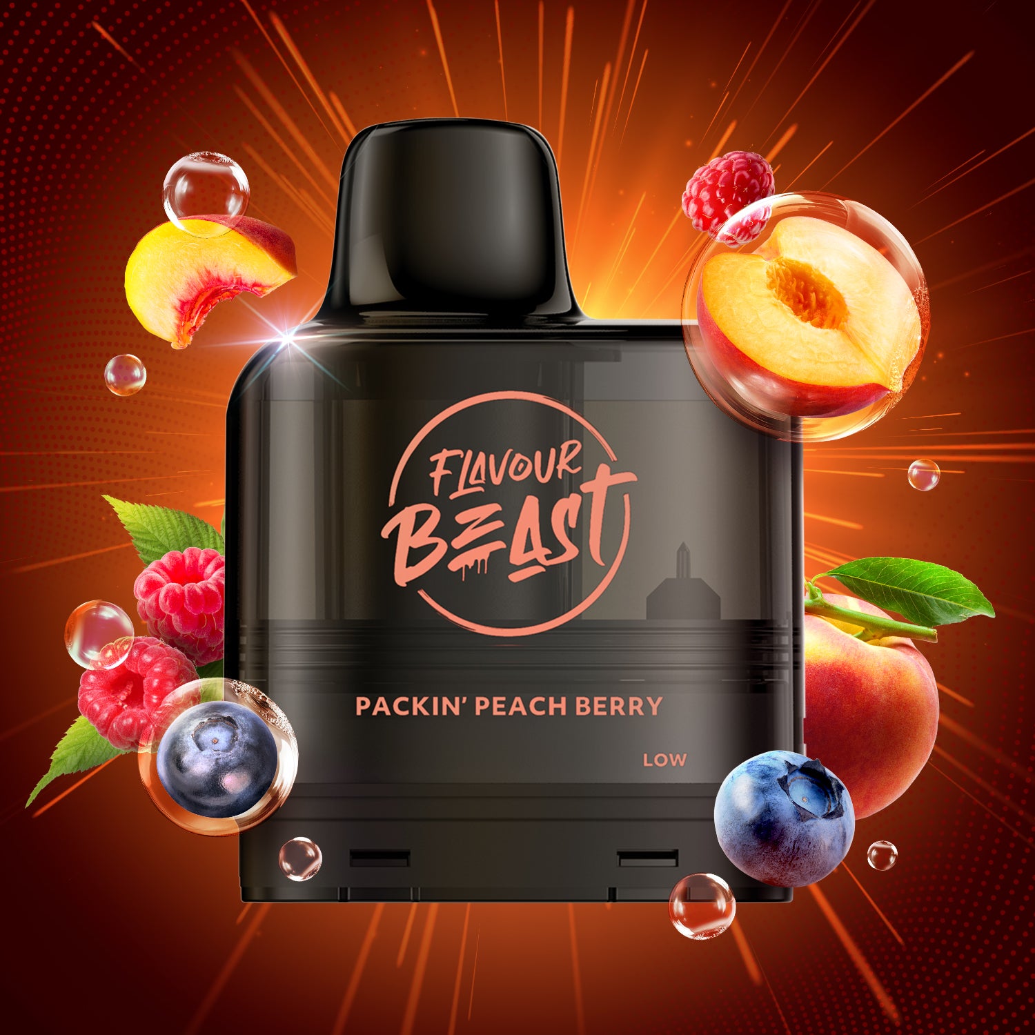 Flavour Beast Level X Packin' Peach Berry Vape Pod with peach, berry, and blueberry graphics on an orange background