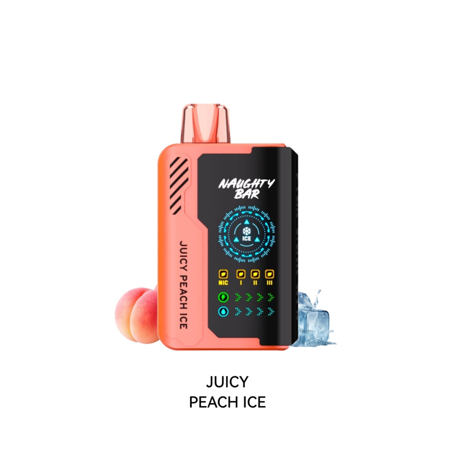 Disposable Vape device with 'Naughty Bar' branding and 'Juicy Peach Ice' flavor text on a white background.