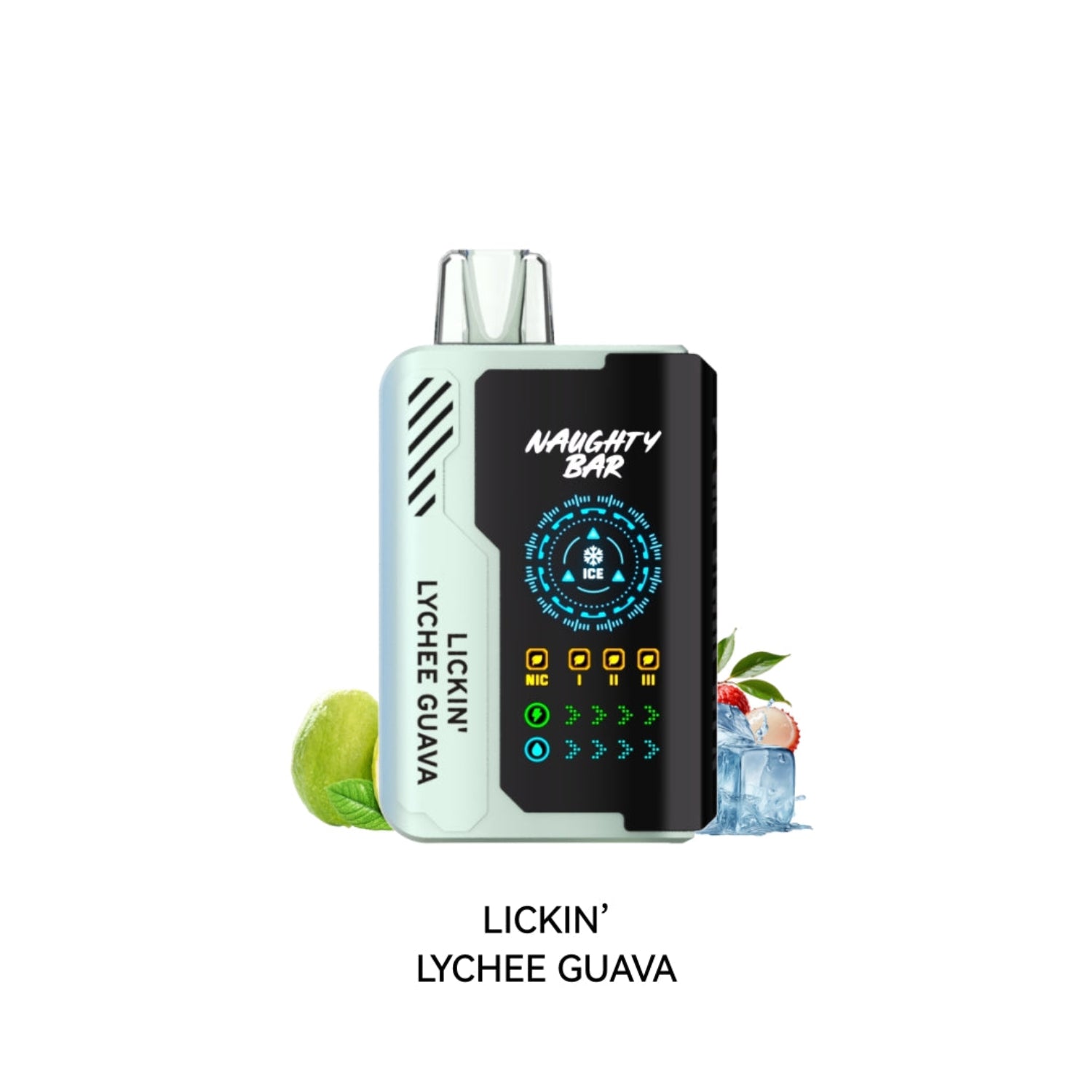 Vape device with 'Naughty Bar' branding and 'Lickin' Lychee Guava' flavor text on a white background.