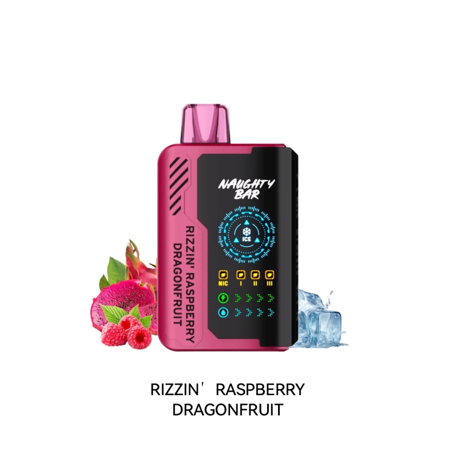 Naughty Bar Disposable Vape device with raspberry and dragonfruit graphics on a white background