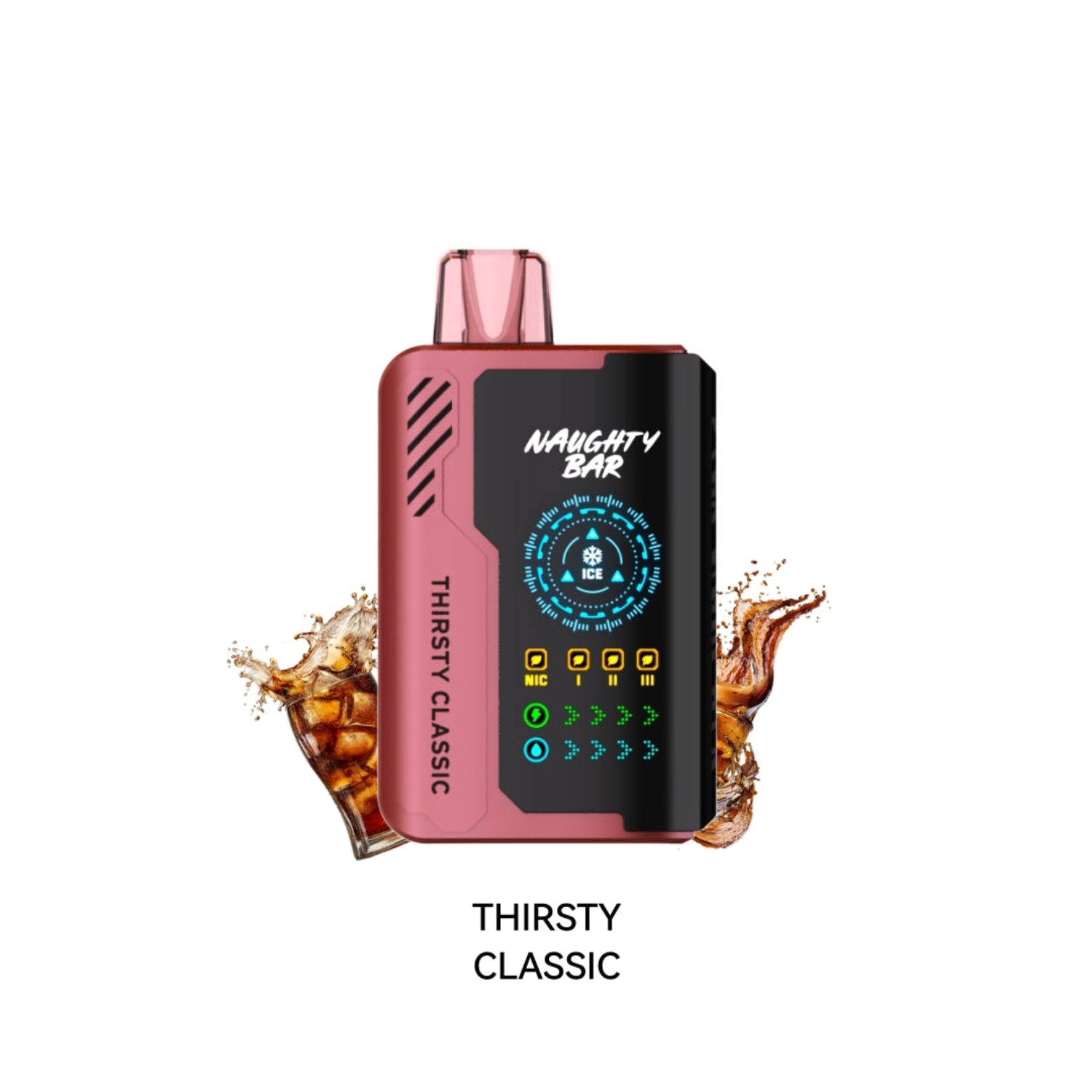 Pink Disposable vape device with 'Naughty Bar' branding Thirsty Classic flavor text on a white background