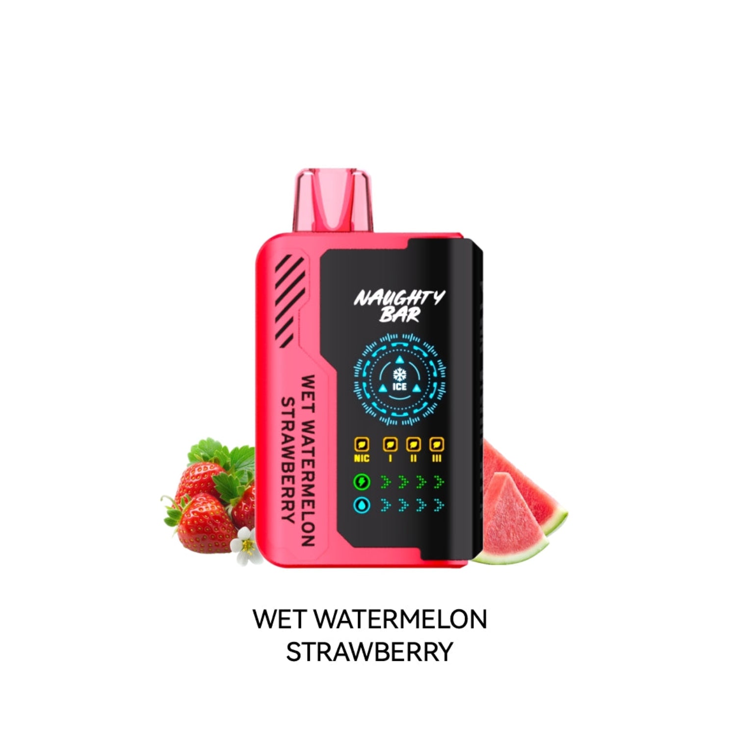 Disposable Vape device with 'Naughty Bar' branding and watermelon strawberry flavor text on a white background.