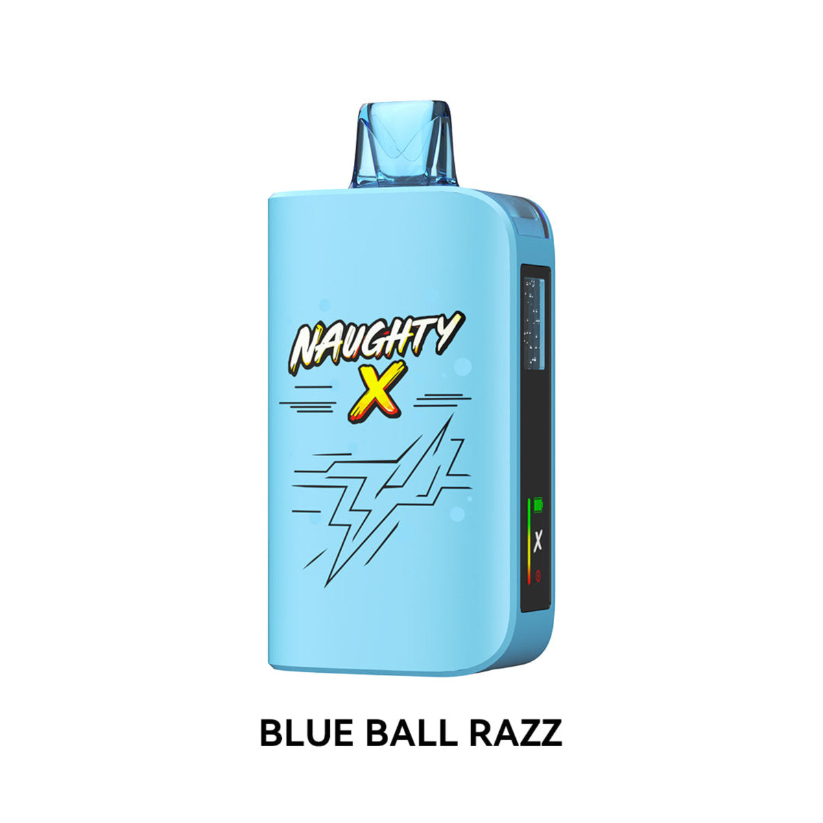 A light blue disposable vape device with 'NAUGHTY X' branding and a lightning graphic on the front, shown on a white background with the text 'BLUE BALL RAZZ' underneath.