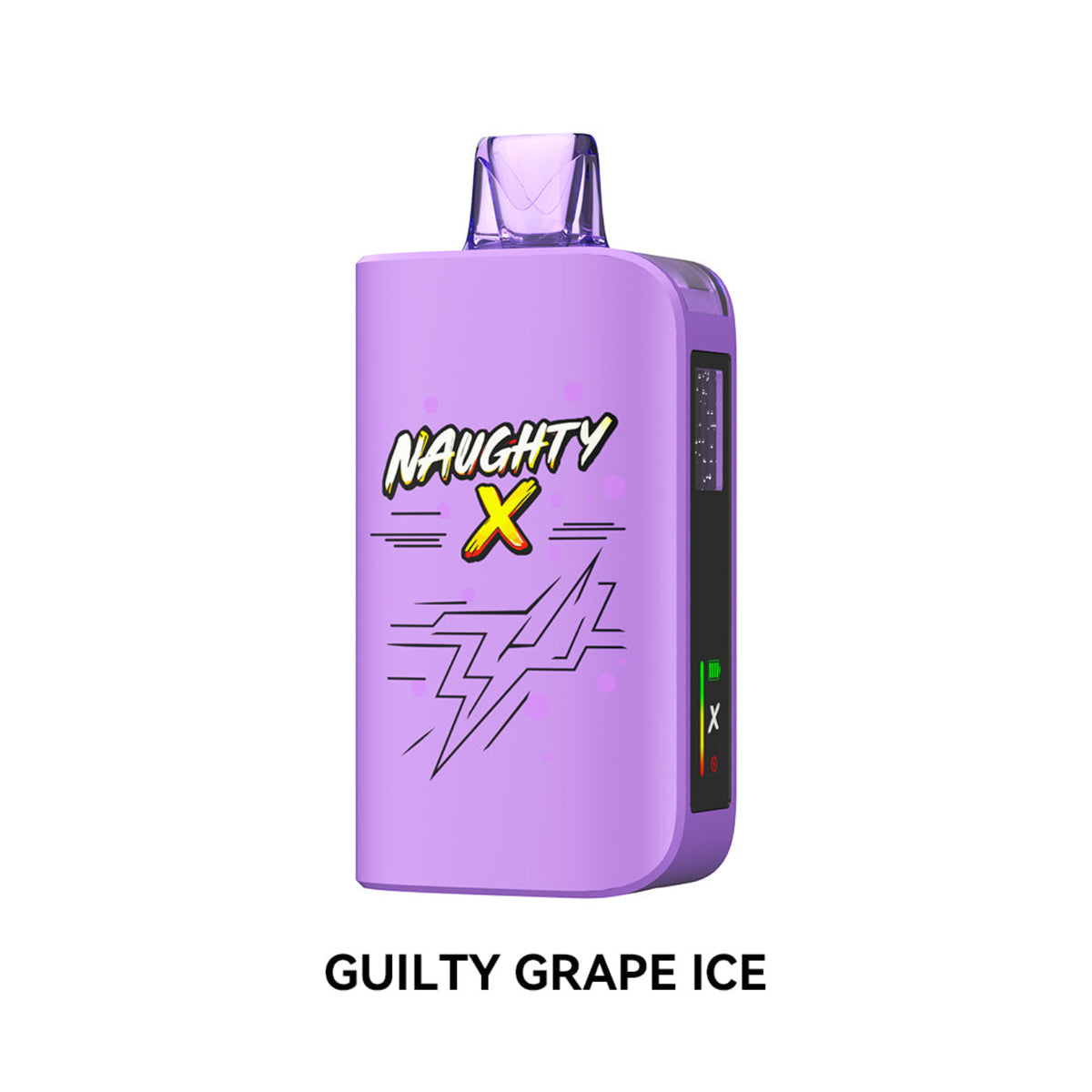 A purple disposable vape device with 'NAUGHTY X' branding and a lightning graphic on the front, shown against a white background with the text 'GUILTY GRAPE ICE' underneath.