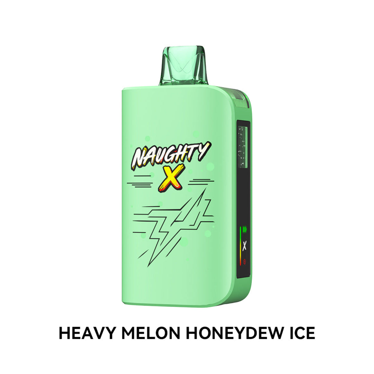 A mint green disposable vape device with 'NAUGHTY X' branding and a lightning graphic on the front, shown against a plain white background with the text 'HEAVY MELON HONEYDEW ICE' below it.