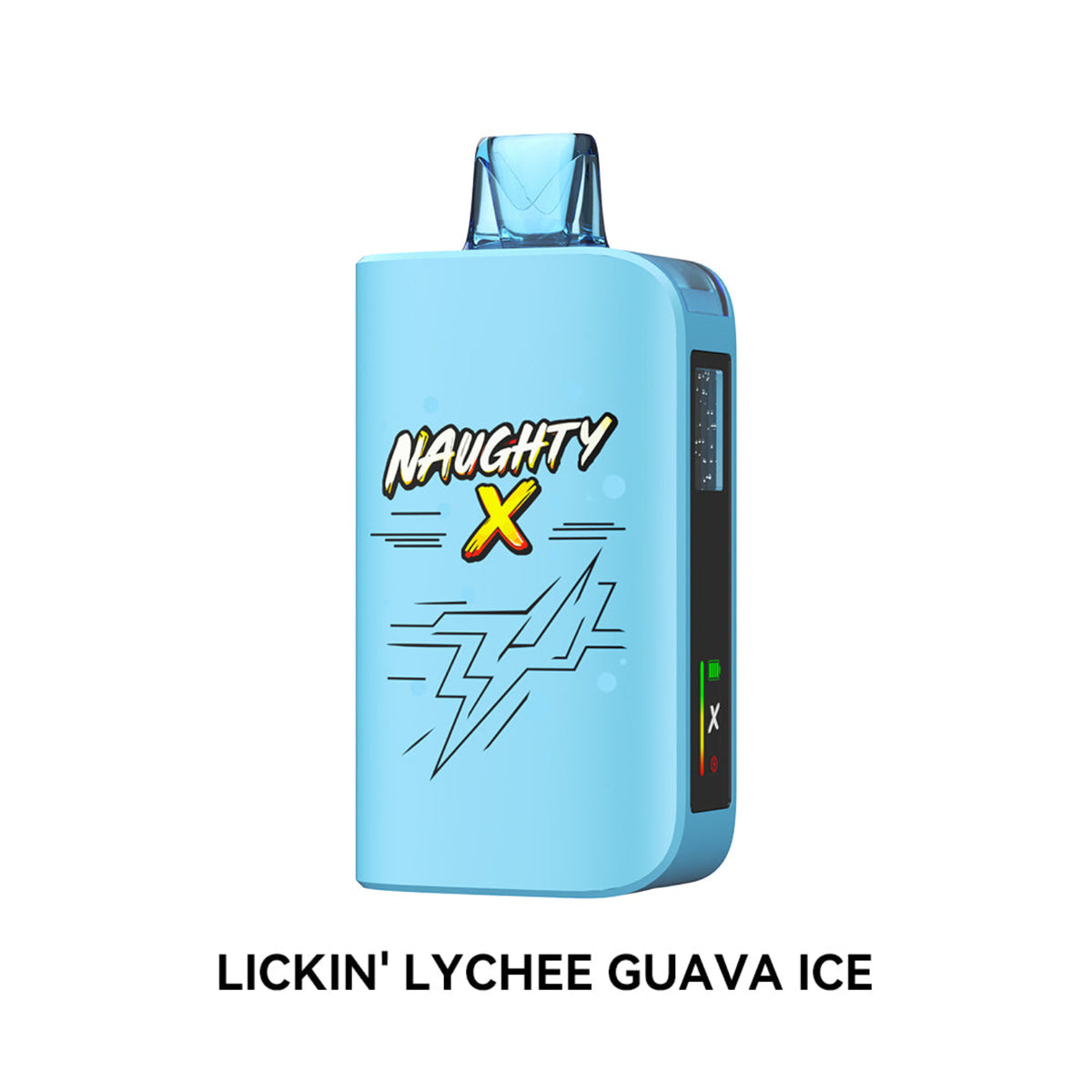 A light blue disposable vape device with 'NAUGHTY X' branding and a lightning graphic on the front, shown against a white background with the text 'LICKIN' LYCHEE GUAVA ICE' below it.