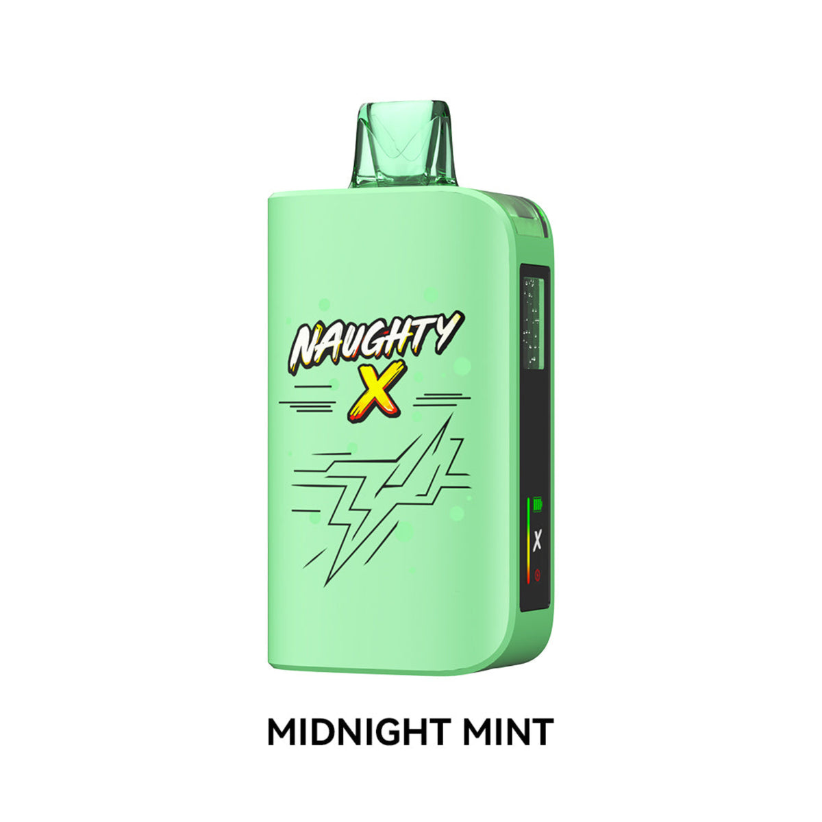 A mint green disposable vape device with 'NAUGHTY X' branding and a lightning graphic on the front, shown against a plain white background with the text 'MIDNIGHT MINT' below it.