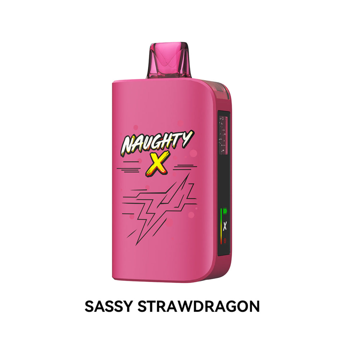 A pink disposable vape device with 'NAUGHTY X' and lightning bolt graphics on the front, shown on a white background with the text 'SASSY STRAWDRAGON' below.