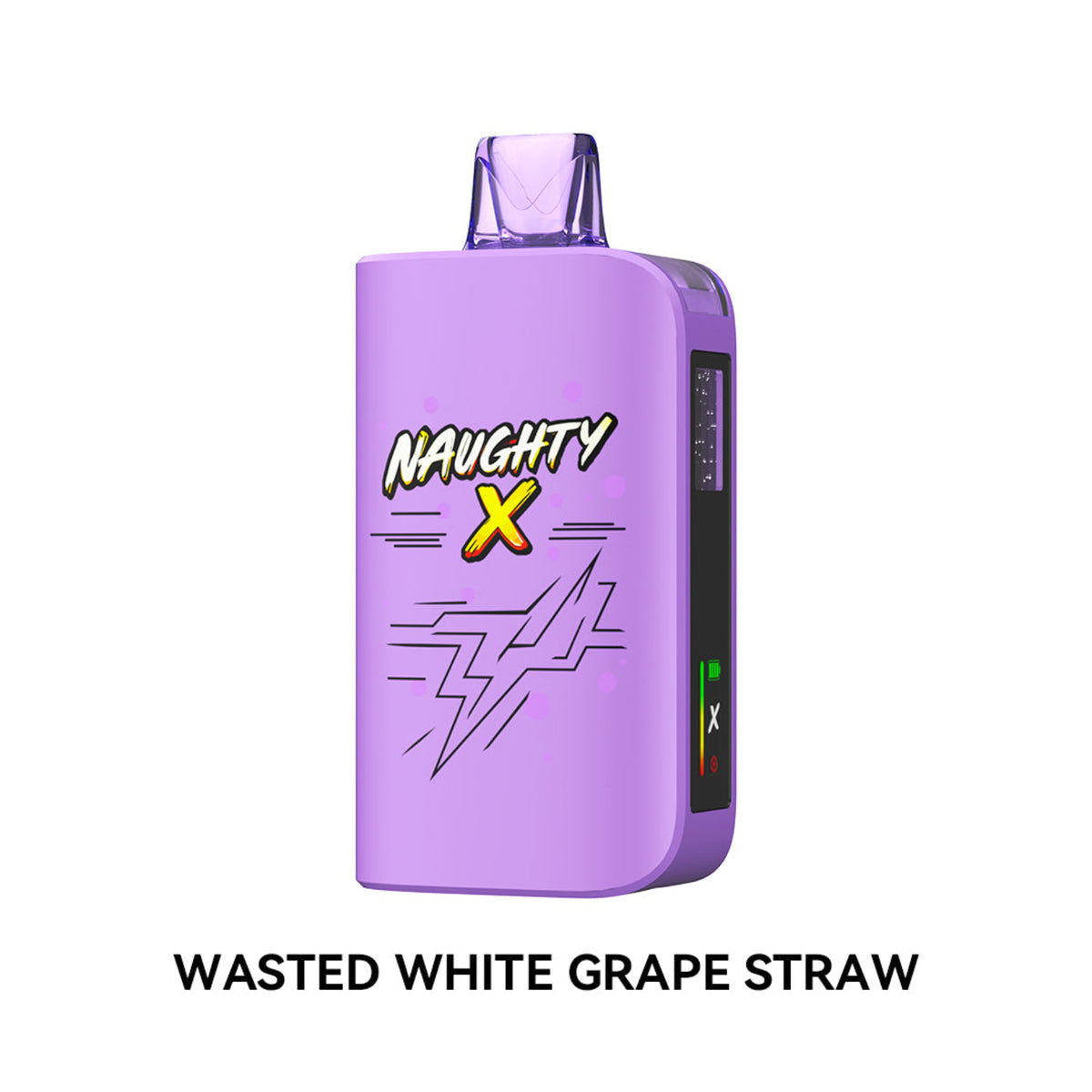 A purple disposable vape device with 'NAUGHTY X' branding and a lightning graphic on the front, shown against a white background with the text 'WASTED WHITE GRAPE STRAW' below.