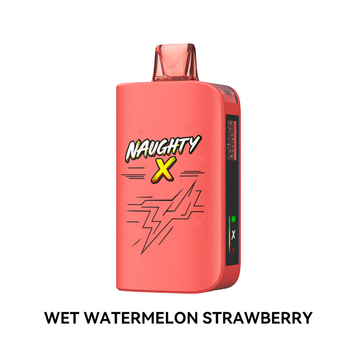 A coral pink disposable vape device with 'NAUGHTY X' branding and a lightning graphic on the front, shown against a white background with the text 'WET WATERMELON STRAWBERRY' below.