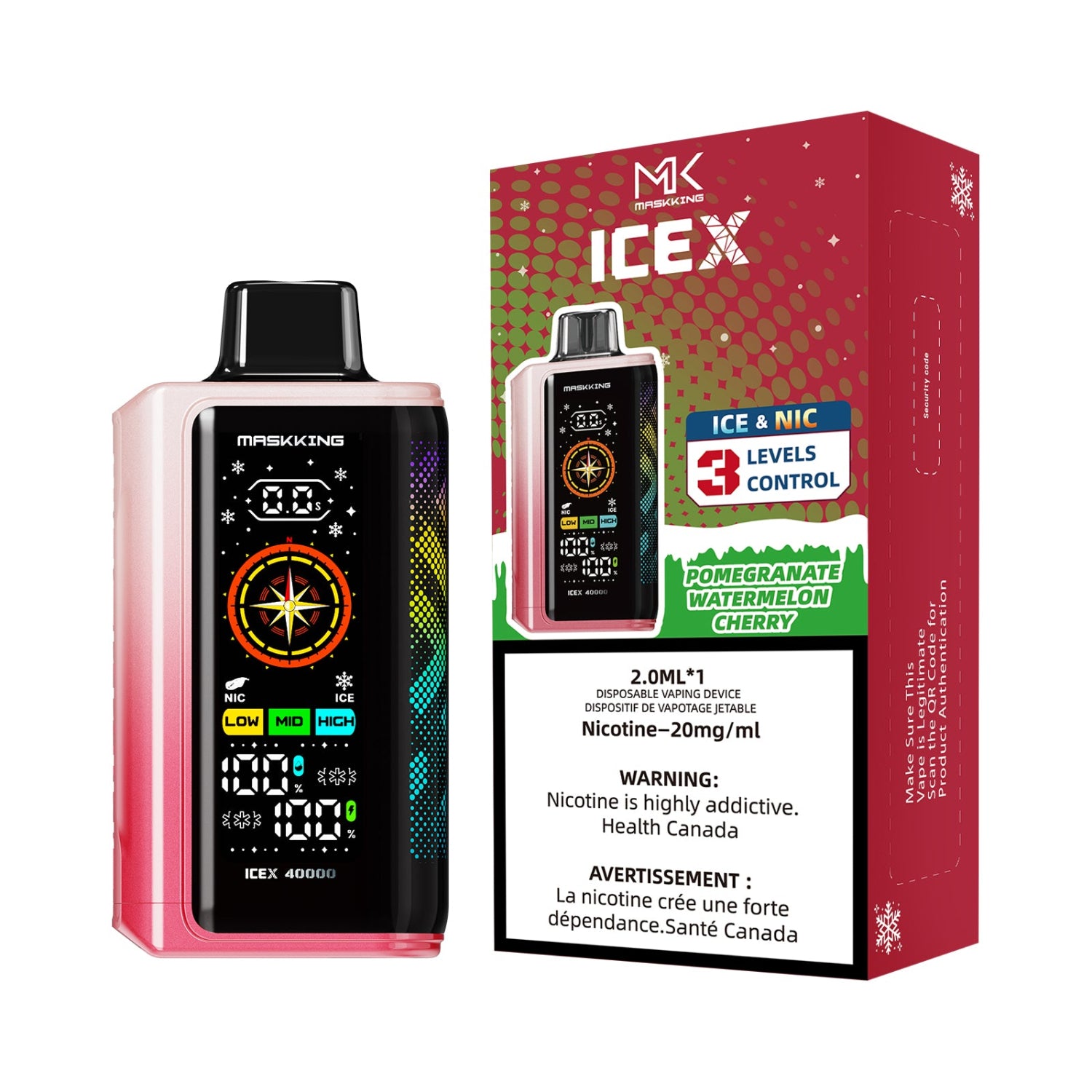 Maskking IceX Pomegranate Watermelon Cherry Disposable Vape device with digital display and packaging on a white background