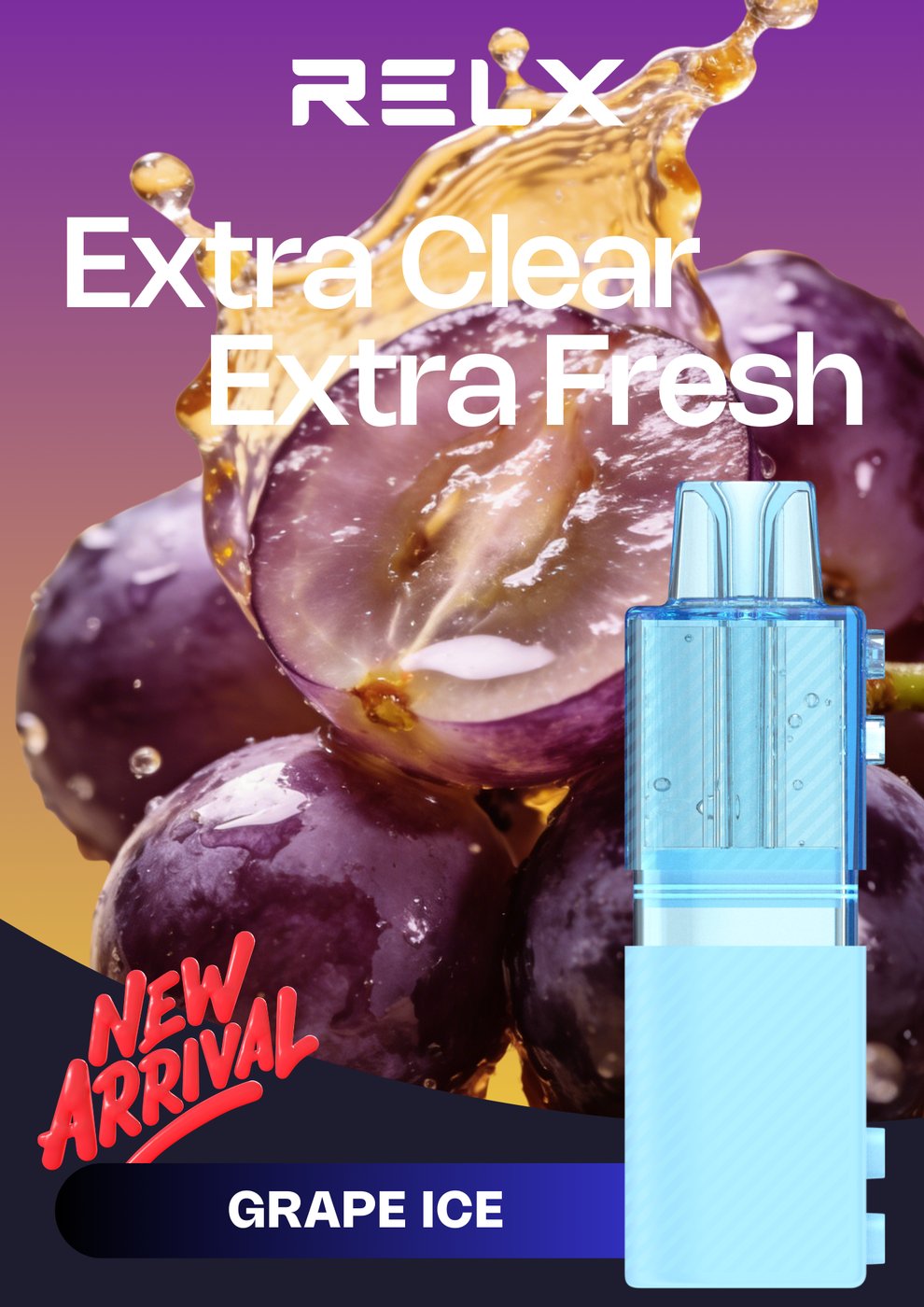 RELYX Creator grape ice vape Pod with grapes and water droplets on a purple background