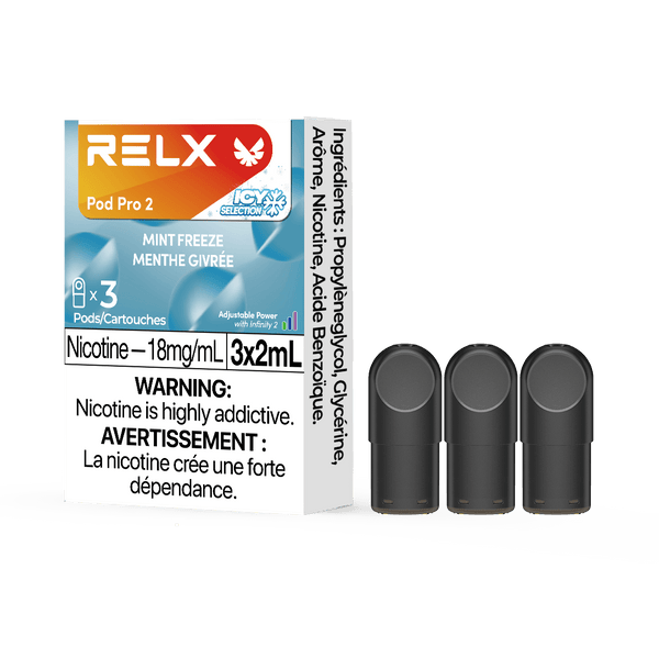 RELX POD PRO 2 Mint Freeze pods in a close-up, showcasing sleek design and a bold mint flavor profile.