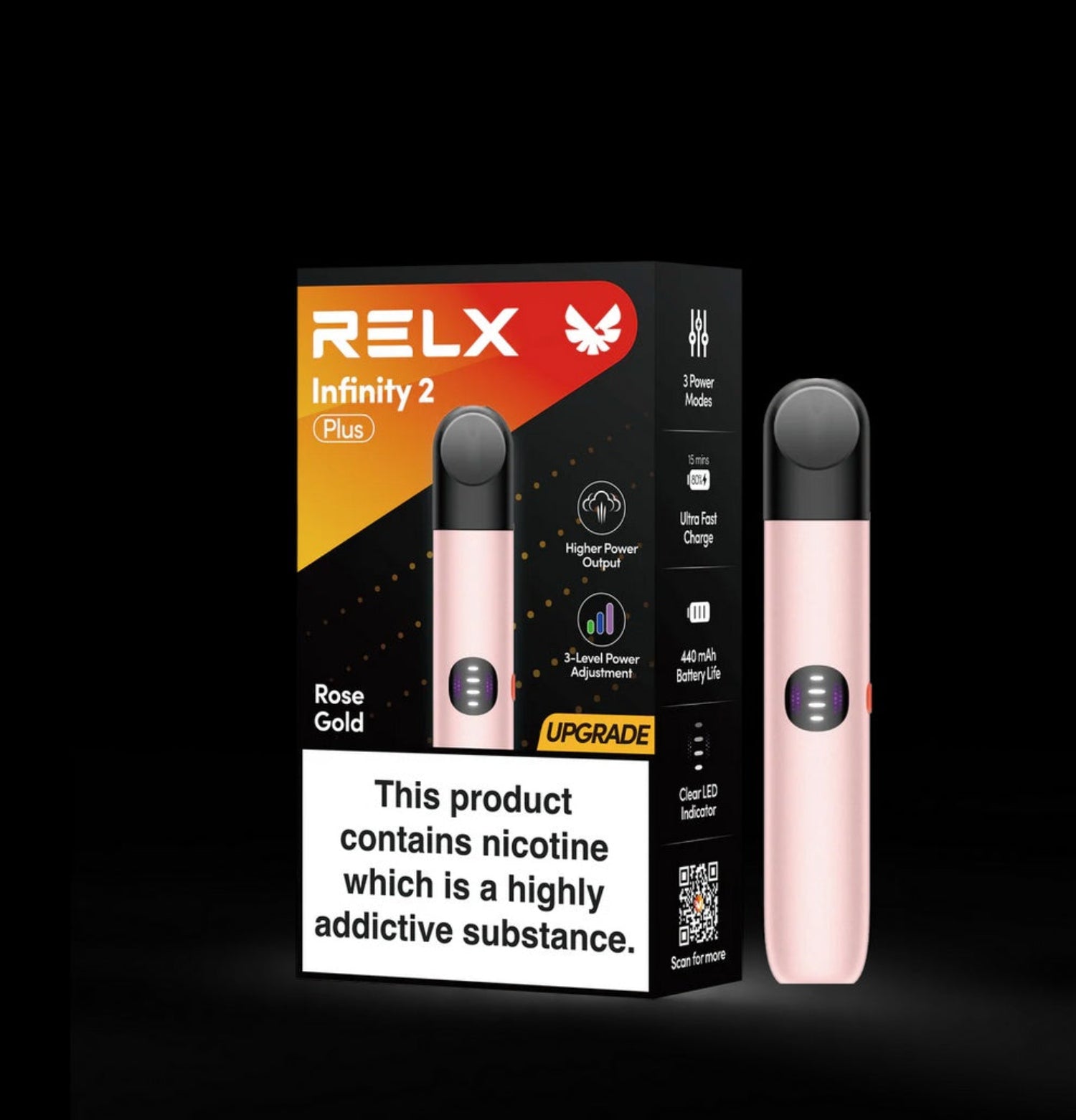 Relx Infinity 2 Plus Rose Gold Vape Device With Packaging on a Black Background