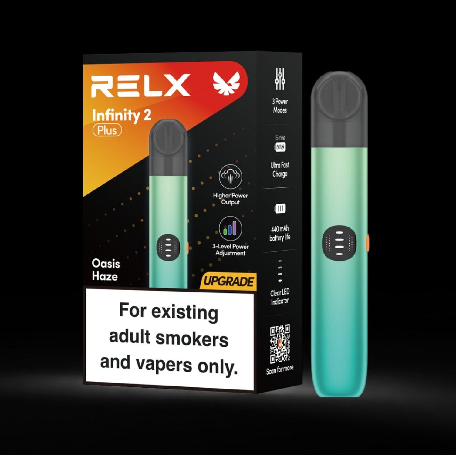 RELX Infinity 2 Plus Oasis Haze vaping device and packaging on a black background