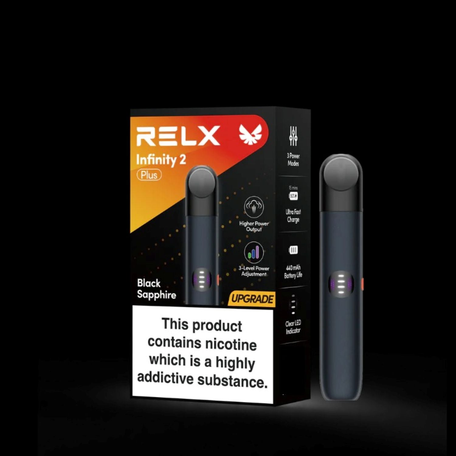 RELX Infinity 2 Plus Black Sapphire vaping device and packaging on a black background