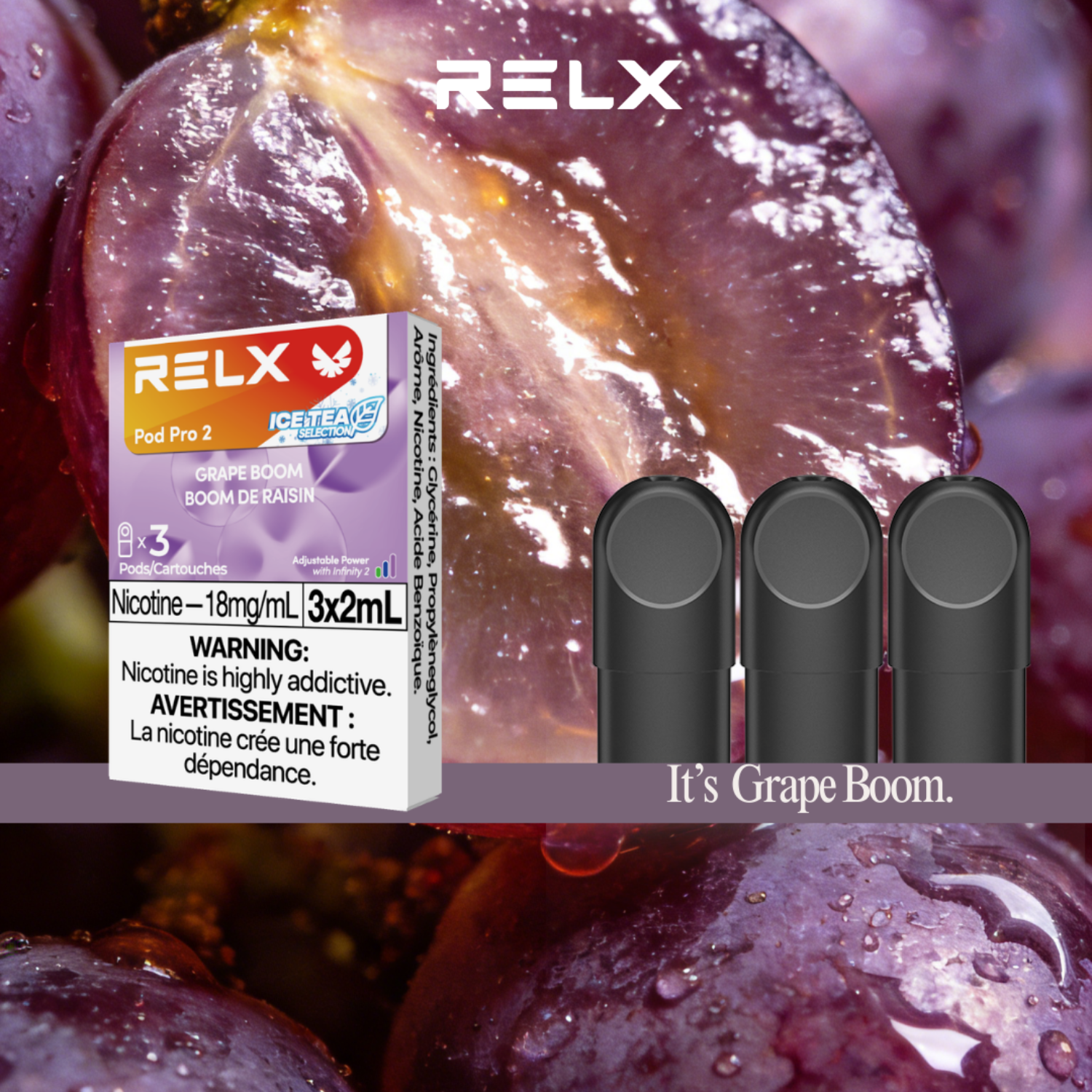 RELX vape pod packaging with grape flavor on a background of purple grapes.