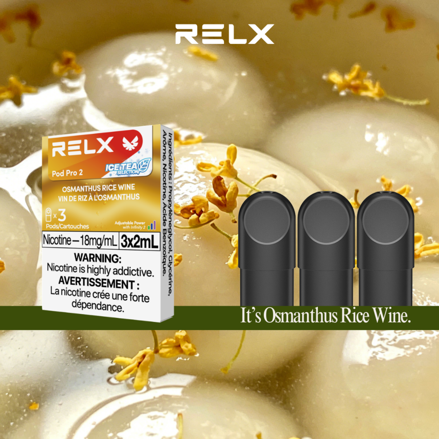 RELX vape device packaging with osmanthus rice wine flavor on a floral background