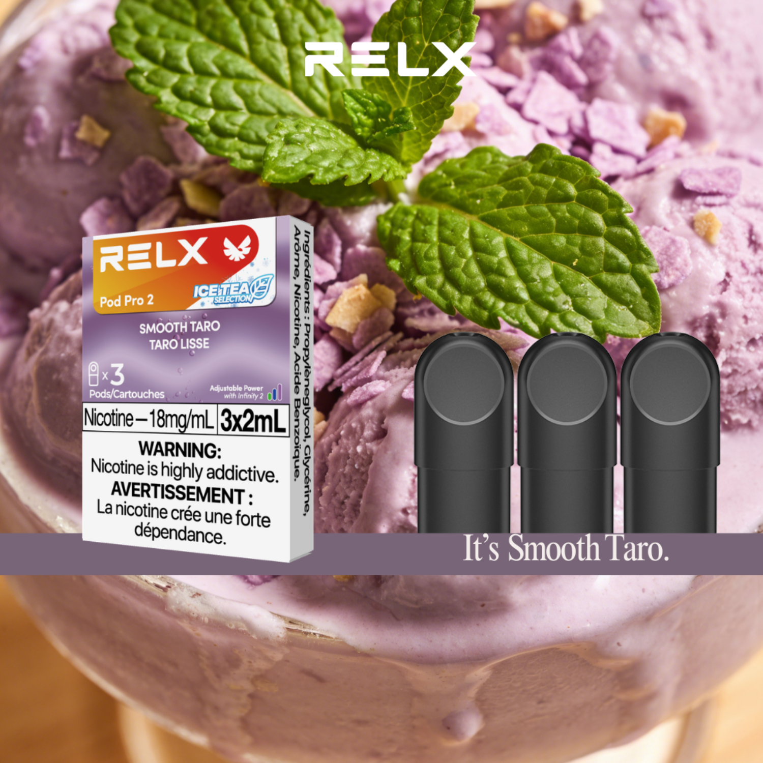 RELX vape pod packaging with smooth taro ice cream and mint leaves