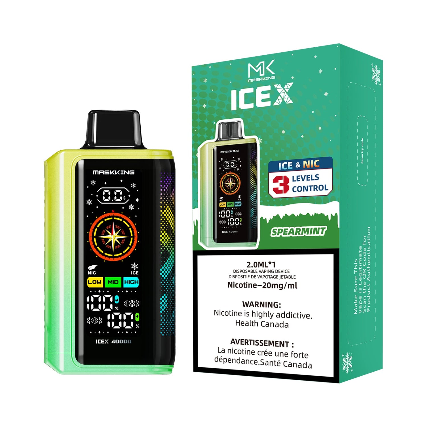 Maskking ICEX Spearmint vape Disposable device and packaging on a white background