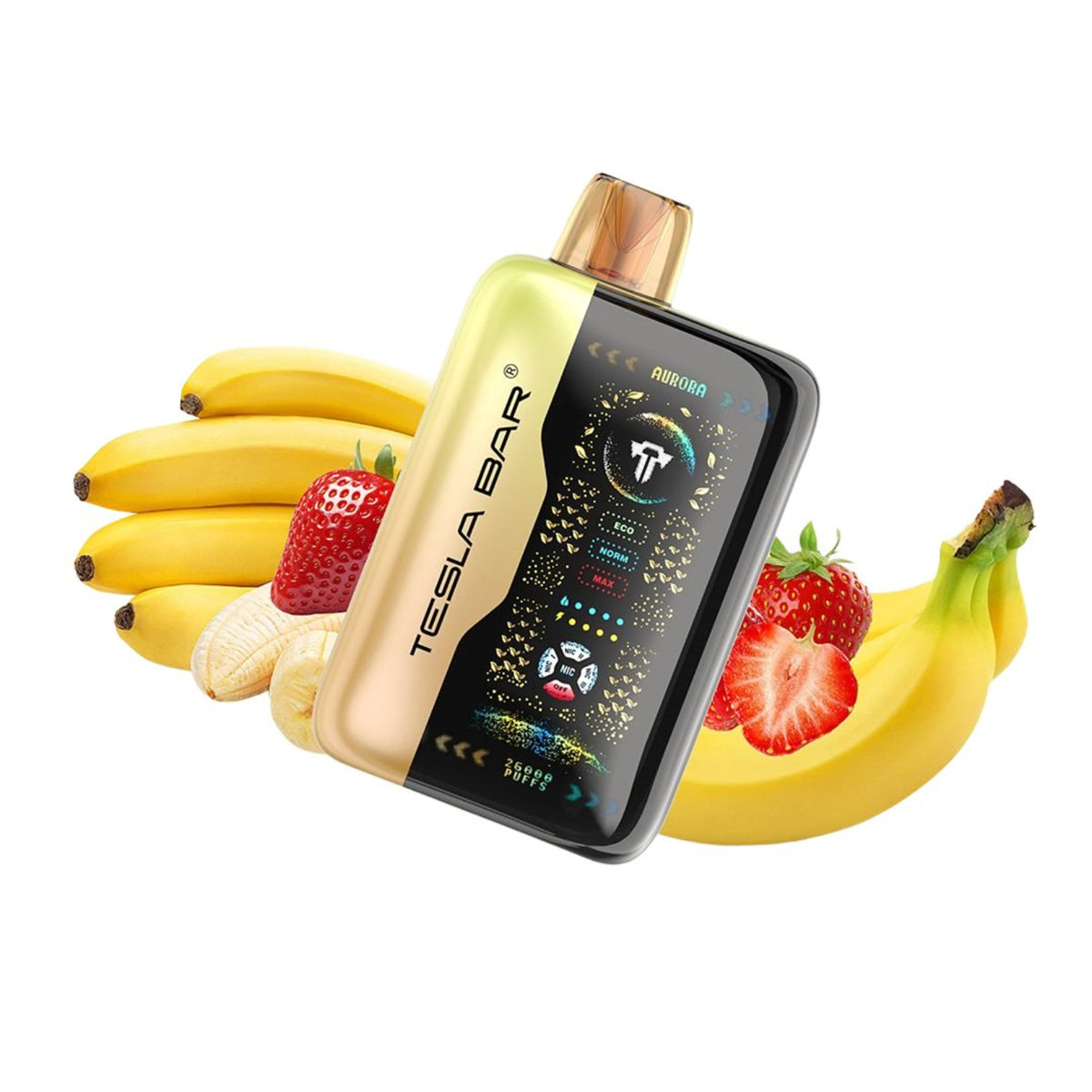 Tesla Bar XT-26000 Strawberry Banana Disposable Hybrid Vape Device On A White Background