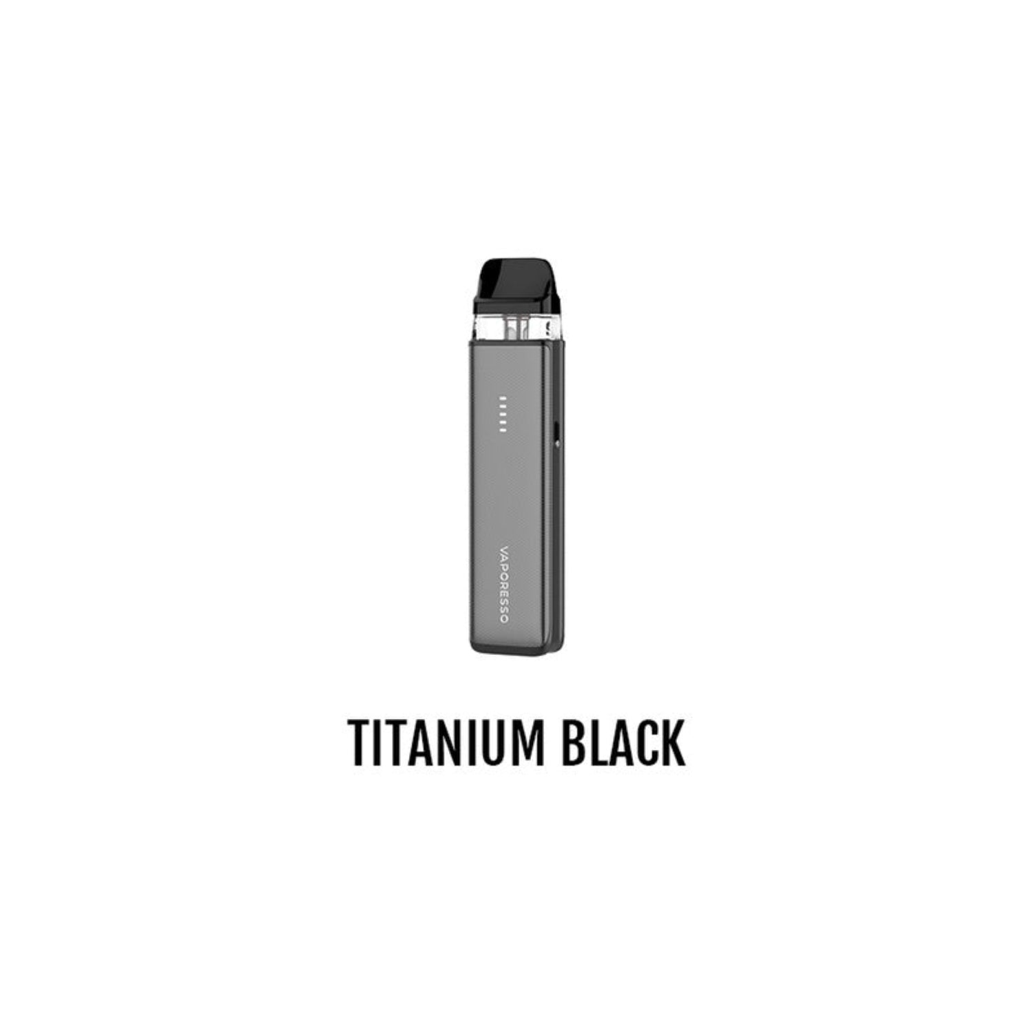 Vaporesso Xros 6 Mini, A slim rectangular vape device in titanium black, shown vertically against a plain white background with the text 'TITANIUM BLACK' underneath.