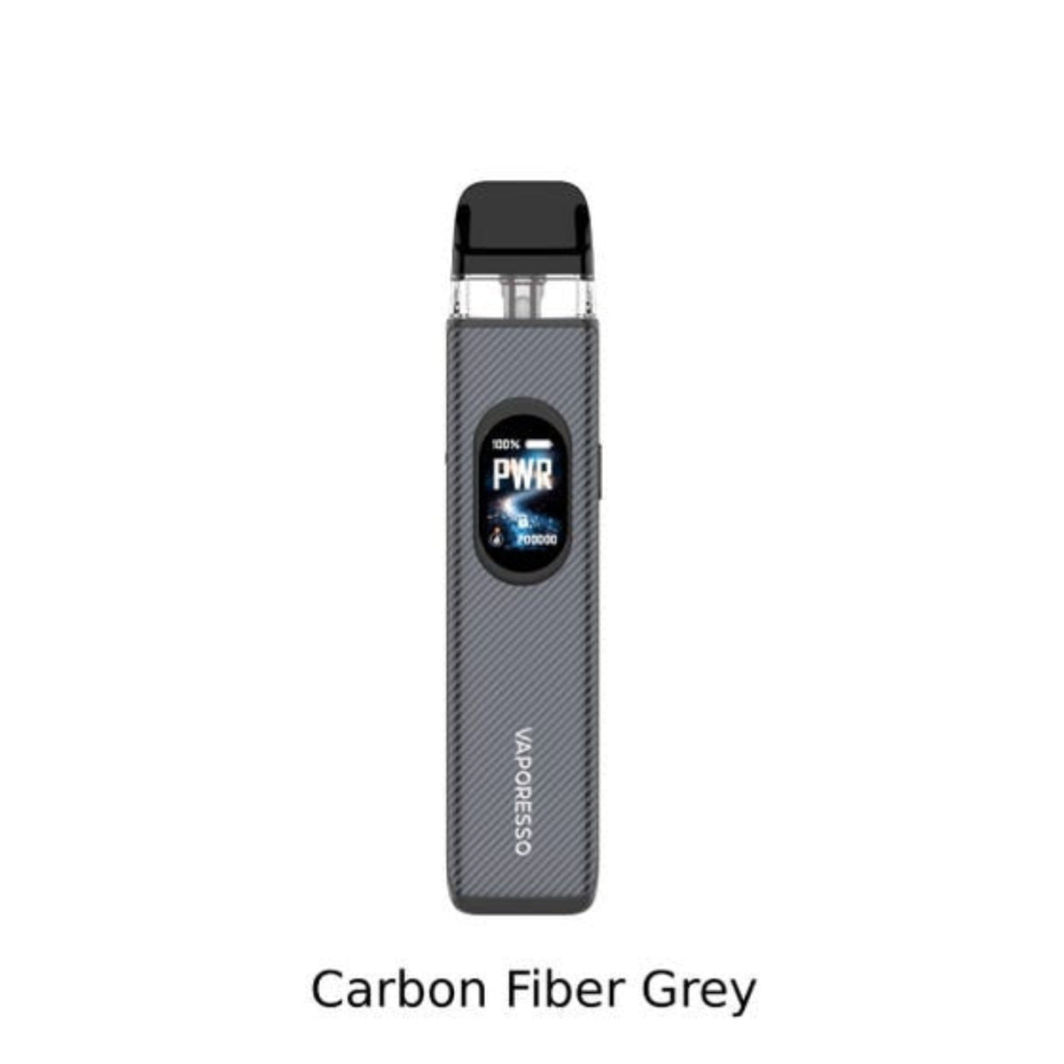 Vaporesso Xros 6 Vape device with digital display on a white background, labeled 'Carbon Fiber Grey'.