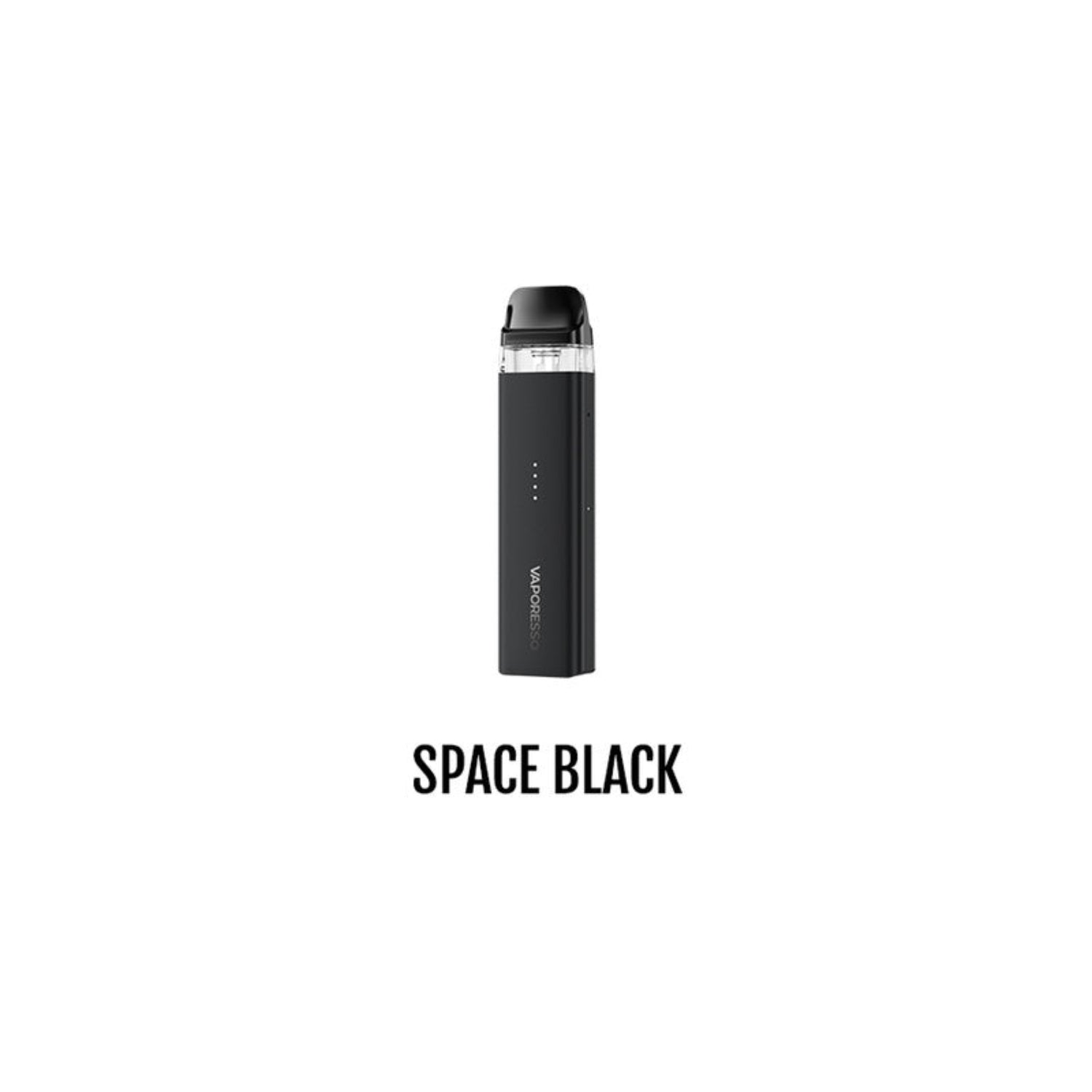 Vaporesso Xros SE. A slim black vape device centered on a white background with the text 'SPACE BLACK' underneath.