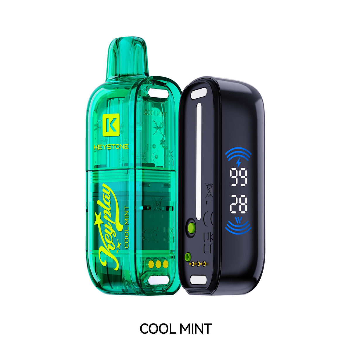 Vfeel KeyPlay disposable vape device in a translucent green 'Cool Mint' flavor, shown next to its black rectangular battery pack with a digital display screen, on a solid white background with 'COOL MINT' text below.
