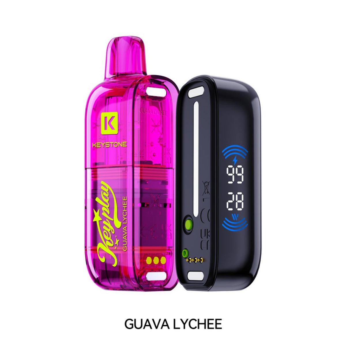 Vfeel KeyPlay disposable vape device in a translucent Pink Guava Lychee flavor, shown next to its black rectangular battery pack with a digital display screen, on a solid white background with 'Guava Lychee' text below.