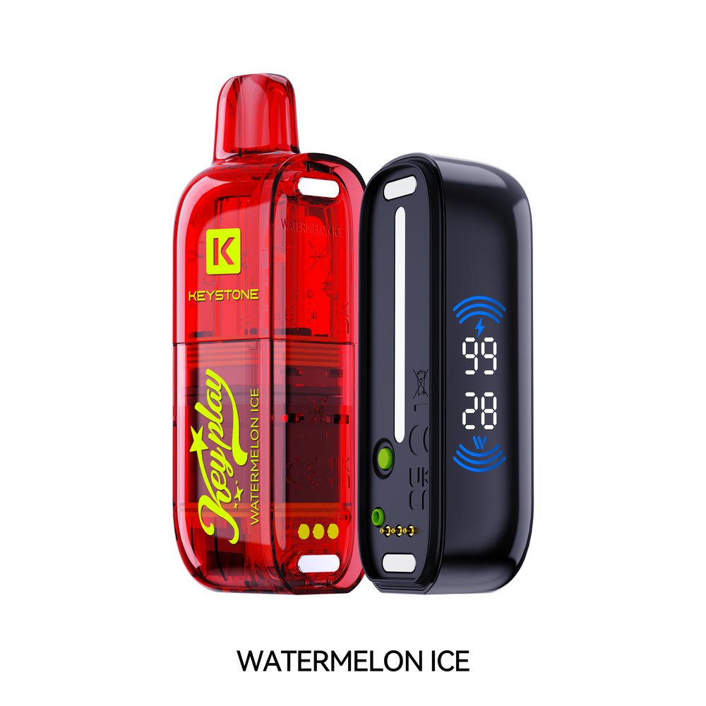 Vfeel Keyplay Disposable red translucent vape device next to a black rectangular battery pack with a digital display, labeled 'WATERMELON ICE' on a white background.